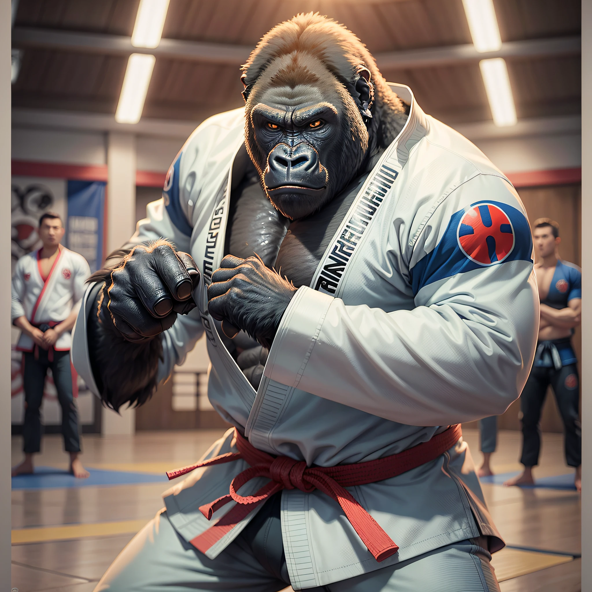 Gorilla, wearing jiu jitsu kimono, brave, background of a dojo, frontal, realistic, 4k