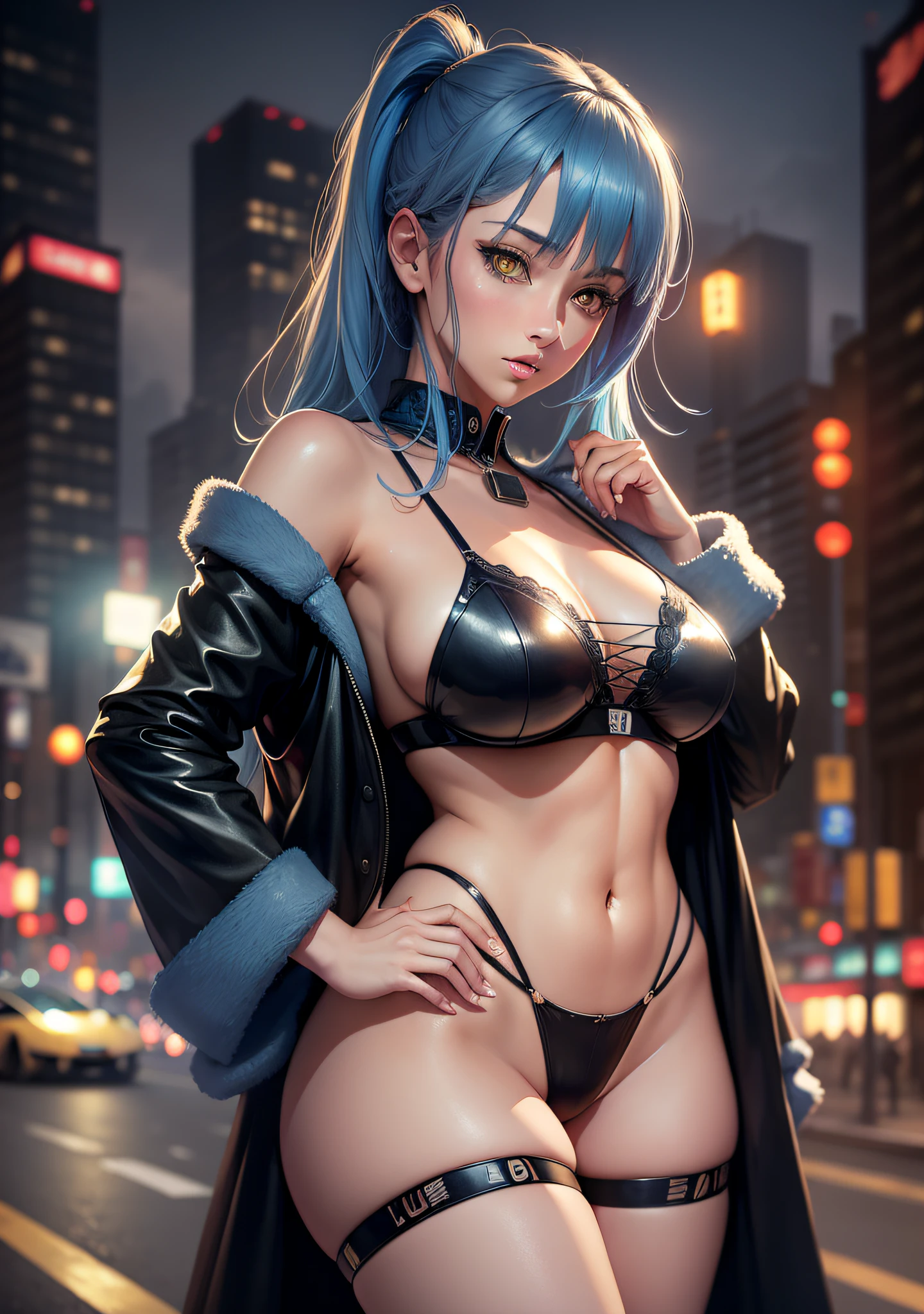 and girls,sexy girl with blue hair yellow eyes,in the background japanese city at night,4k,realistic, next to a lamborghini,