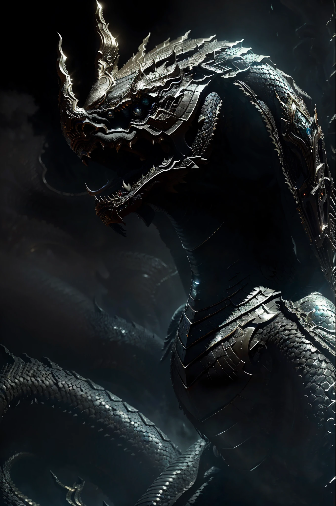 close-up shot, award winning photo of majestic (knight:1.2) in shiny armor, NagaSerpentGod, gigantic body, piercing eyes, (scaly:1.3) texture, (intricate:1.1) armor details, (regal:1.2) pose, fantasy art, elden ring, hyper-realistic, (epic:1.2) lighting, trending on ArtStation,