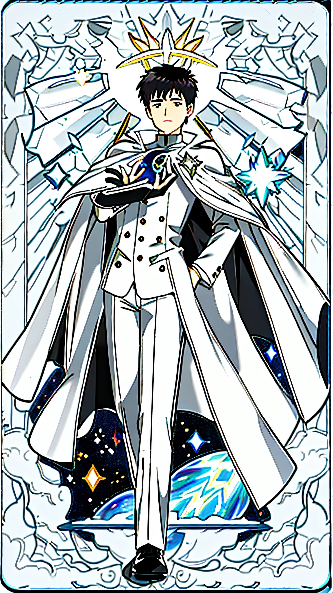 masterpiece, best quality, full body, card, 1 man, eclipse, space, galaxy, short hair, black hair, brush cut, white shirt, standing, white, sun, moon, black, white, buzz cut, bara, muscle, god, magician, cape, halo, crystal, diamond