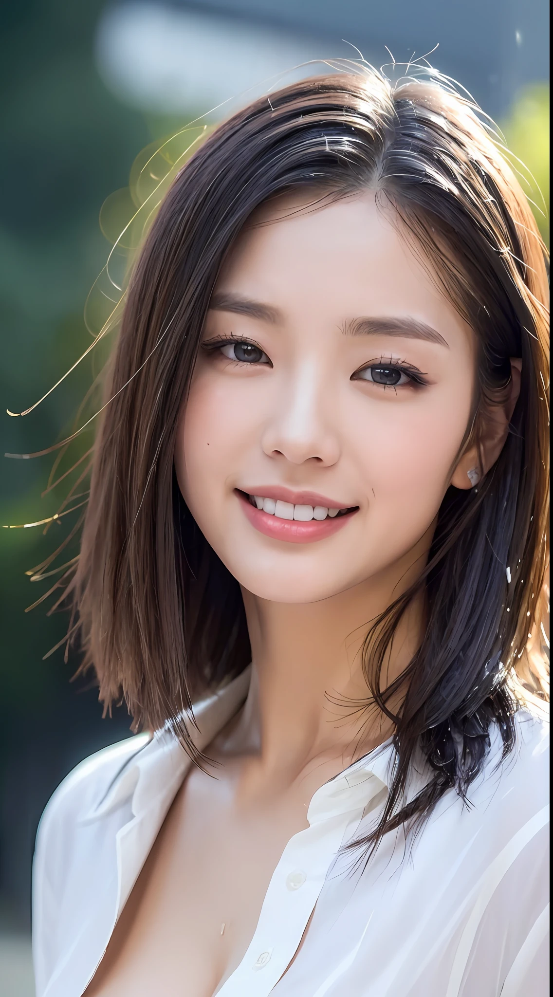 ((Best quality, 8k, Masterpiece: 1.3)), Sharp focus: 1.2, A beautiful woman smiling, elegant, gray hair, perfect eyes, with perfect body: 1.4, Thin abdomen: 1.2, ((Layered haircut, Normal breasts: 1.2)), (Thin and damp button up to shirt length: 1.1), (White shirt closed, wet by rain), (Rain, Street: 1.2), Wet body: 1.1, Highly detailed facial and skin texture,    Detailed eyes, Double eyelid, tanned skin, elegant, tanned