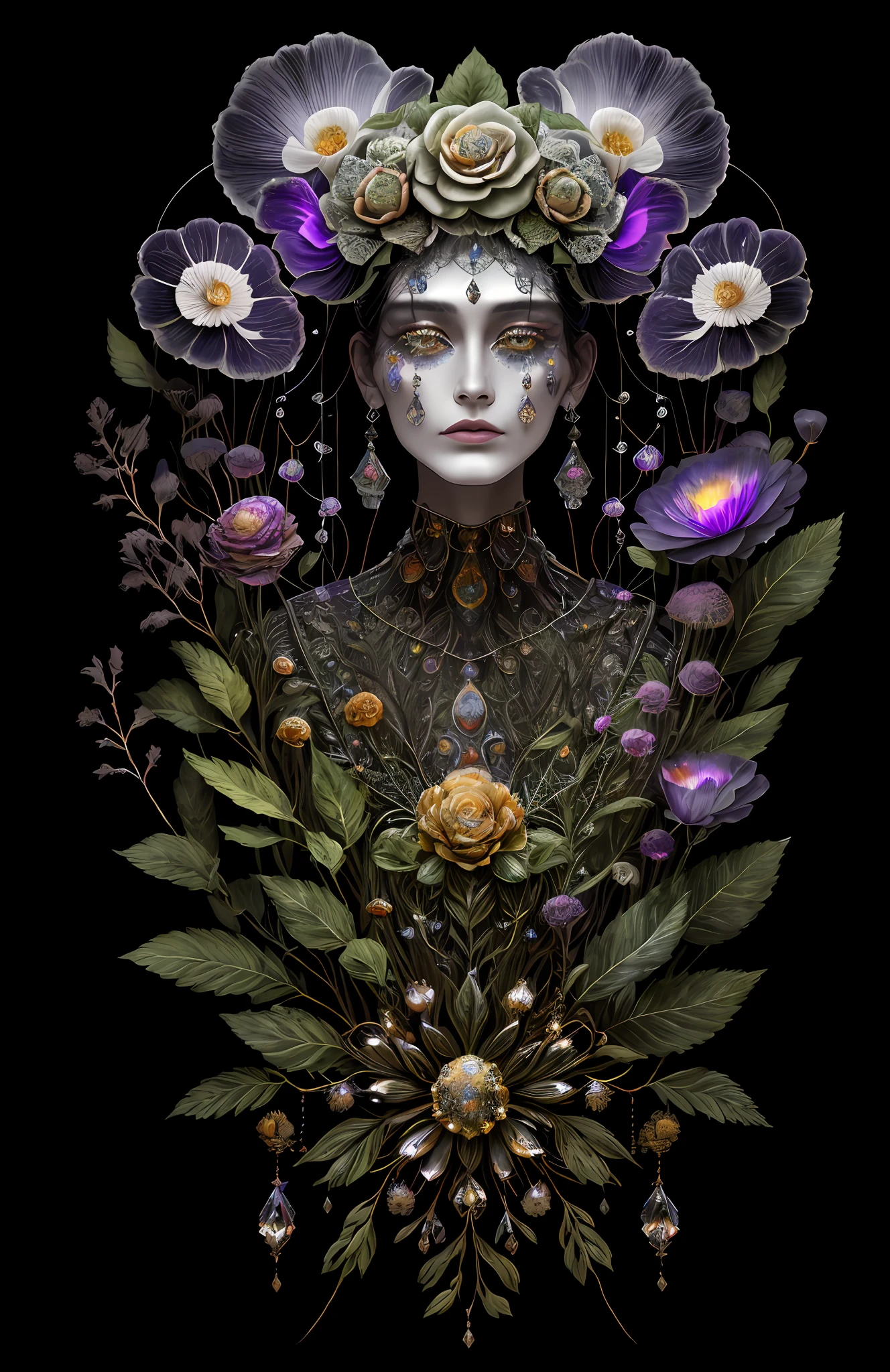"Rosen maiden, (masterpiece, best quality), (illustration), strange fungal disease dense forest, transparent sticky substance, caustics, crystals, close-up, intricate details, dark background, sparkling spores, rainbow crystals, darkness", made of metal, cyborg: 1.1, [detailed wire]: 1.3, (complex details), HDR, (complex details, hyperdetailed: 1.2),