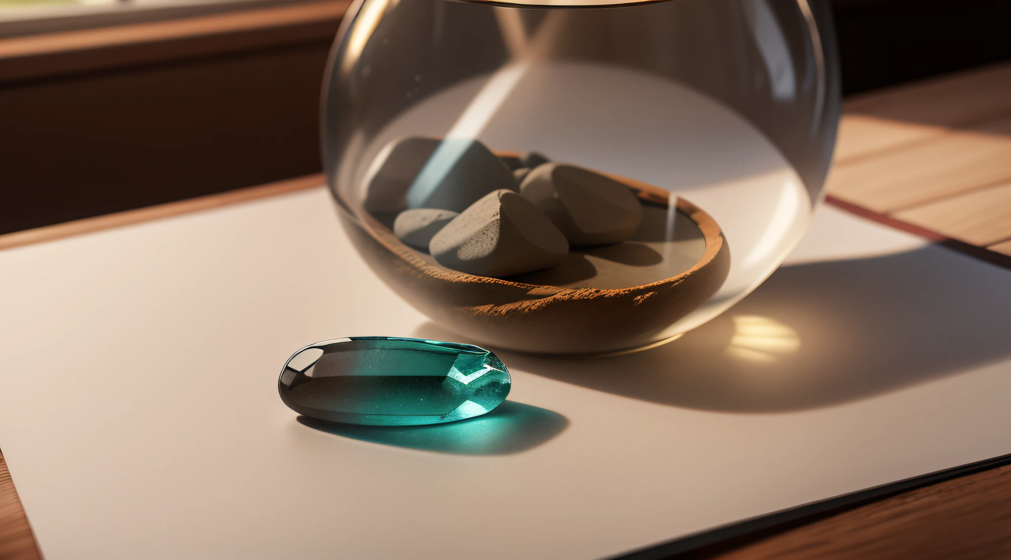 Drawing, ultra realistic, 8k, extremely detailed, in the best quality, a large glass jug, with some stones inside, on a table, in a classroom.