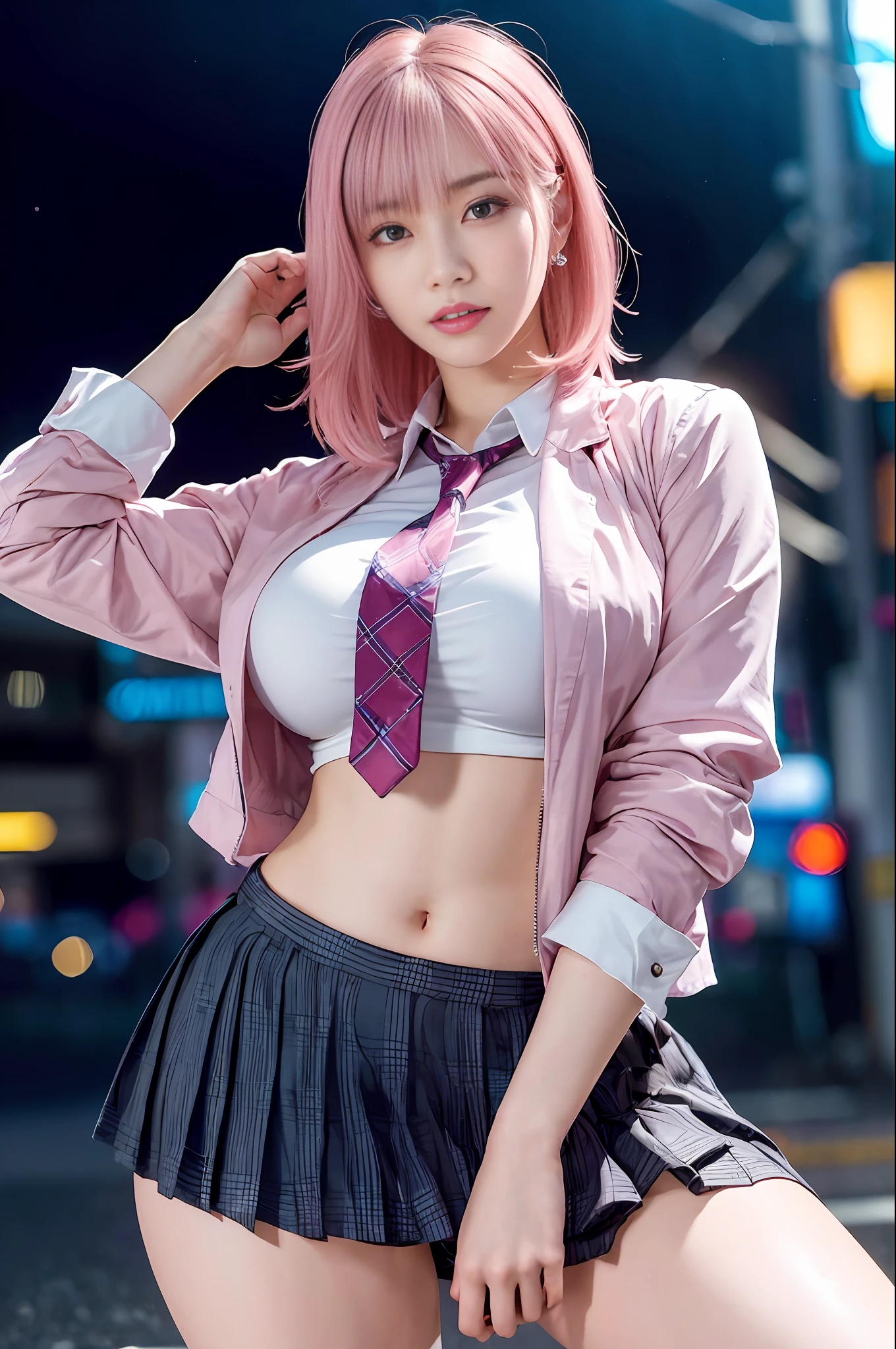 there is a woman with pink hair and a tie posing for a picture, anime girl in real life, anime girl cosplay, a hyperrealistic schoolgirl, seductive pretty girl, hyperrealistic schoolgirl, attractive real girl, cute girl with short pink hair, anime style mixed with fujifilm, beautiful real high school girl, pretty girl, cyberpunk  girl, anime cosplay, cosplay,  masterpiece, superdeformed, full body: 1.2, ultra high res, RAW photo, masterpiece, ultra detailed, 8k, full detailed hair, highres, best quality, ultra high res, ultra detailed face and eyes, (photorealistic:1.4), looking at viewer, smiling, cute,  (ray tracing:1.4), (long legs:1.4), Best quality , masterpiece, large hip, Fully facial detailed, beautiful, ((very detailed of hair )) , (((18 years old))), thin lips, big eyes, highres, seducing, blue eyes , slim waist, 8k, 16k, highres,
karol bak uhd, inspired by hajime sorayama,