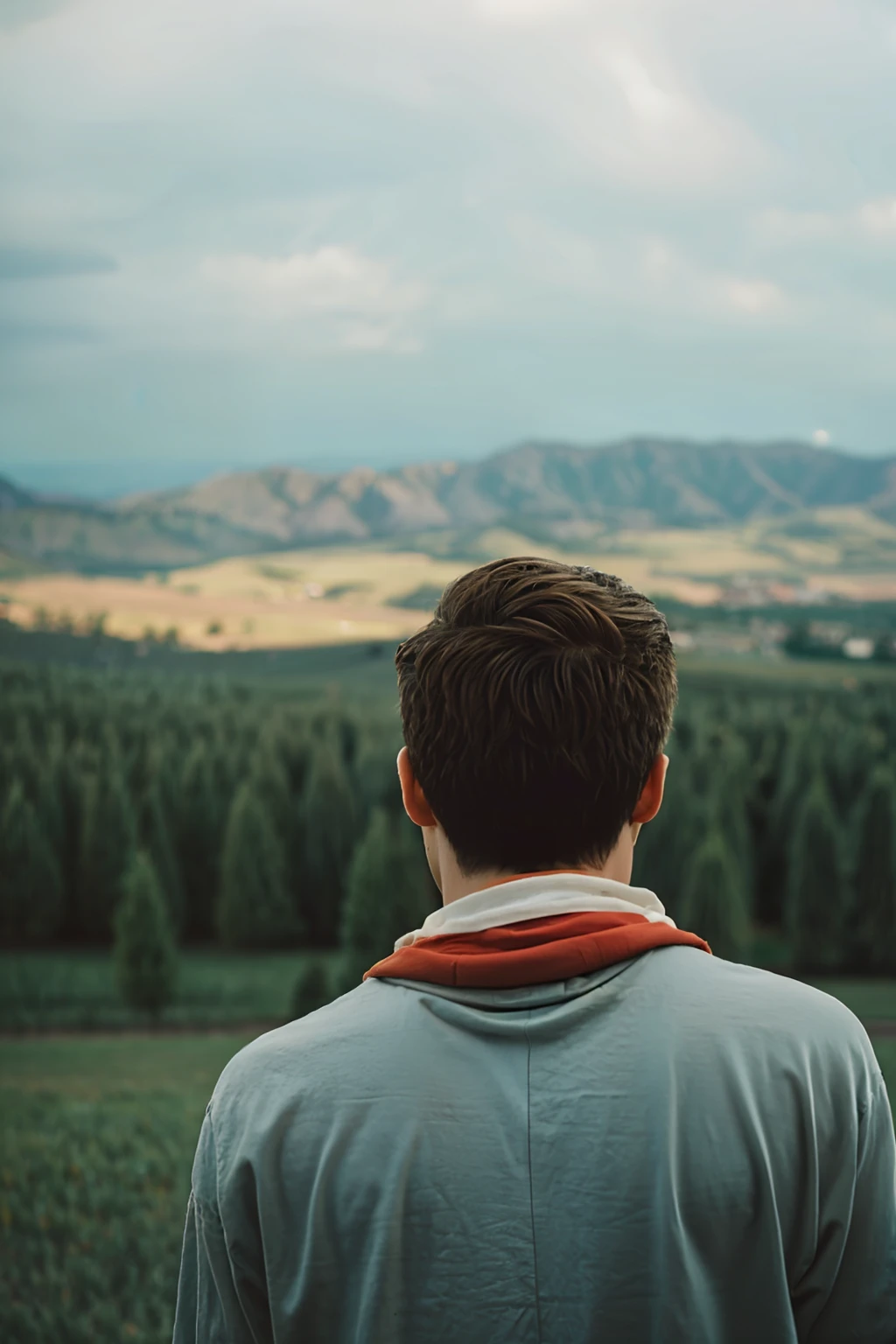 film photography portrait of a teenage guy, hyperrealistic, overcast lighting, shot on kodak portra 200, film grain, nostalgic mood