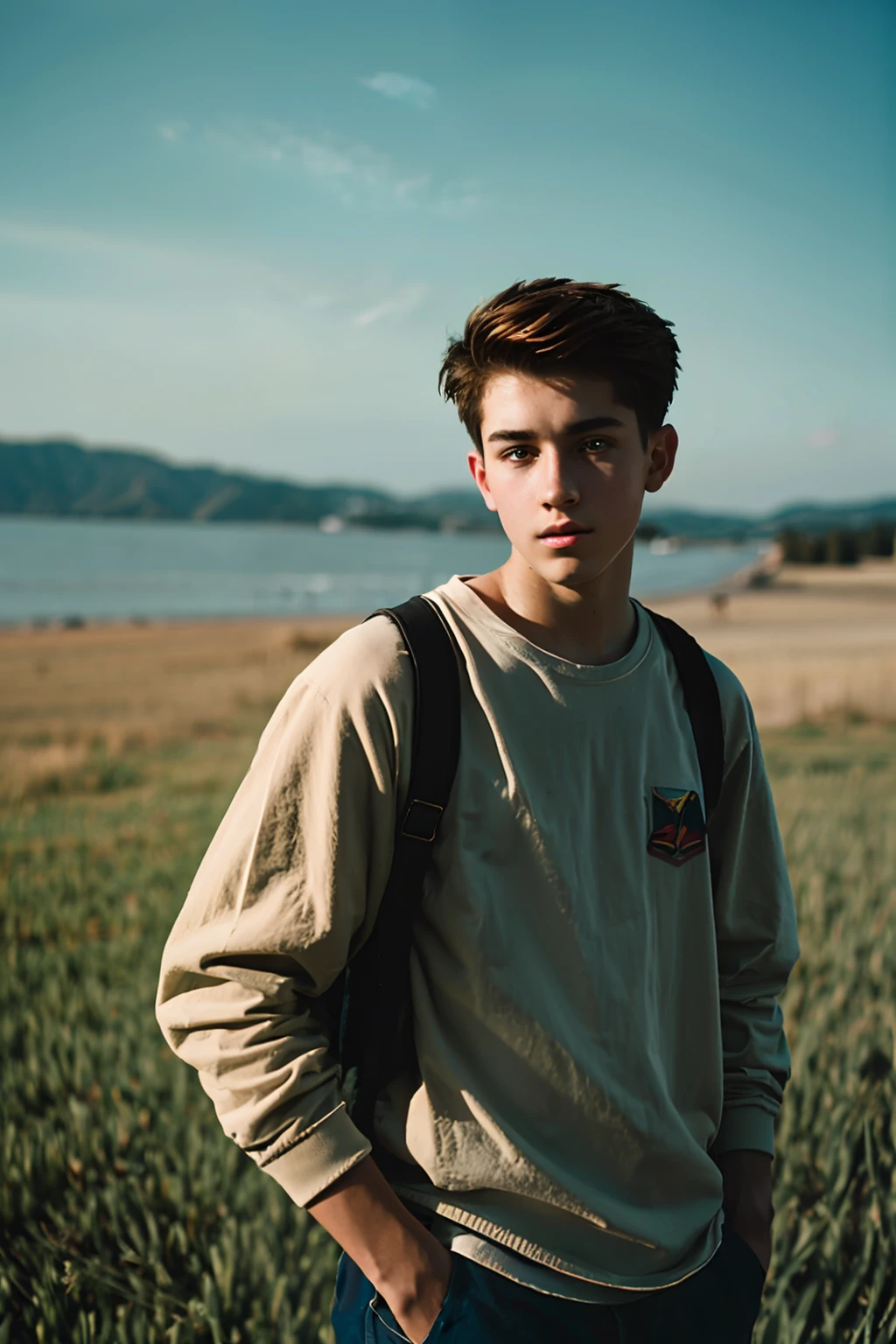 film photography portrait of a teenage guy, hyperrealistic, overcast lighting, shot on kodak portra 200, film grain, nostalgic mood