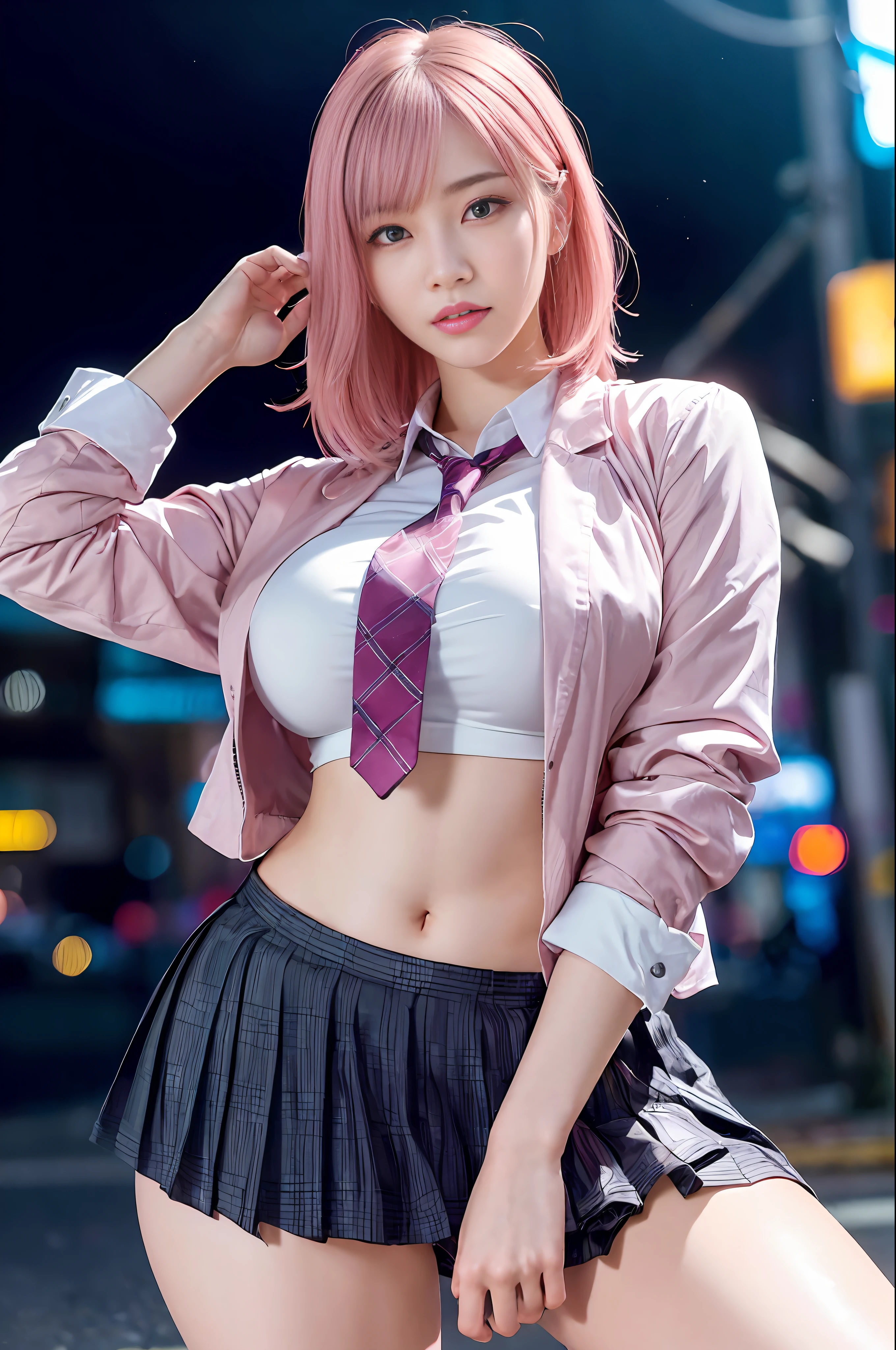 there is a woman with pink hair and a tie posing for a picture, anime girl in real life, anime girl cosplay, a hyperrealistic schoolgirl, seductive pretty girl, hyperrealistic schoolgirl, attractive real girl, cute girl with short pink hair, anime style mixed with fujifilm, beautiful real high school girl, pretty girl, cyberpunk  girl, anime cosplay, cosplay,  masterpiece, superdeformed, full body: 1.2, ultra high res, RAW photo, masterpiece, ultra detailed, 8k, full detailed hair, highres, best quality, ultra high res, ultra detailed face and eyes, (photorealistic:1.4), looking at viewer, smiling, cute,  (ray tracing:1.4), (long legs:1.4), Best quality , masterpiece, large hip, Fully facial detailed, beautiful, ((very detailed of hair )) , (((18 years old))), thin lips, big eyes, highres, seducing, blue eyes , slim waist, 8k, 16k, highres,
karol bak uhd, inspired by hajime sorayama,