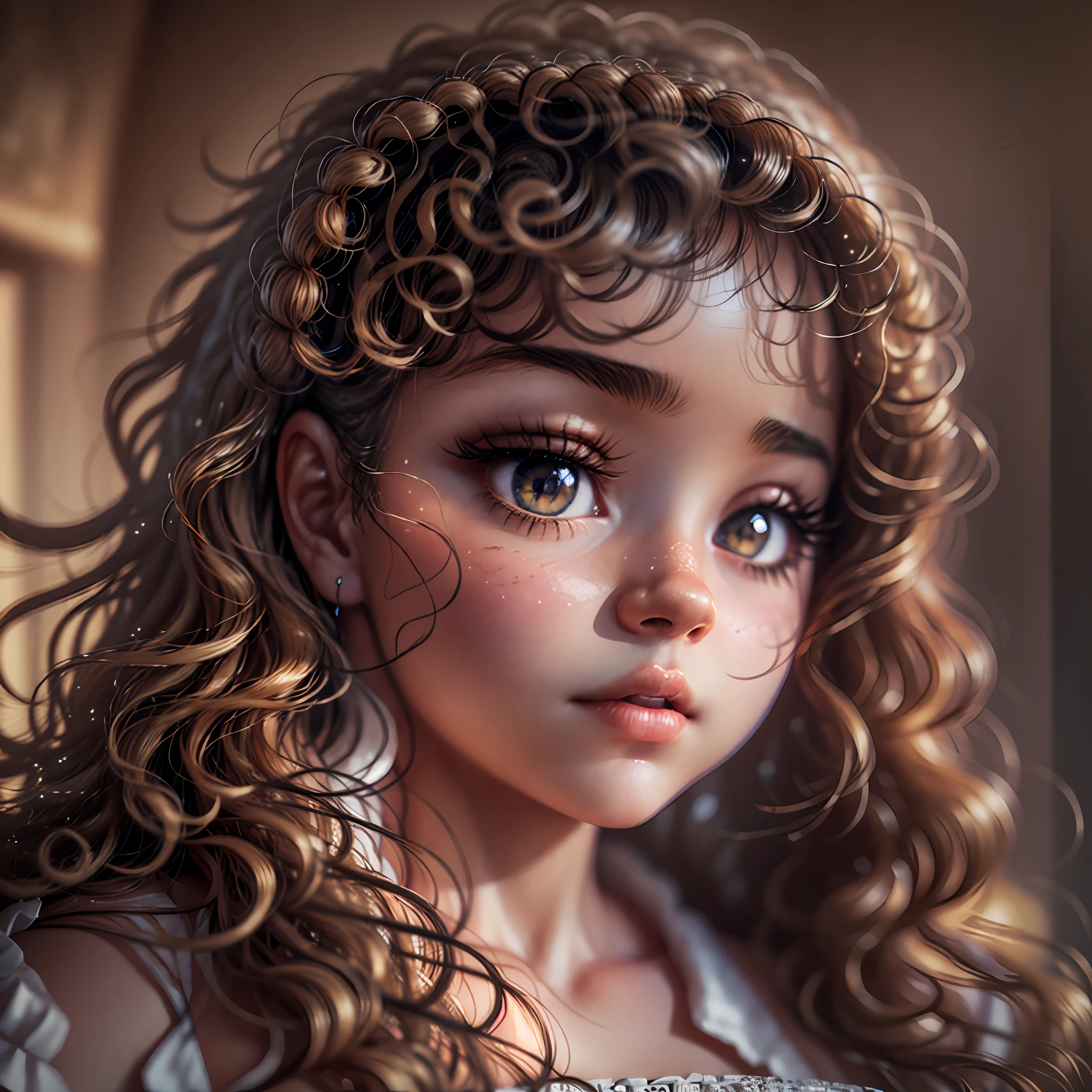 Super Big, Face Close, (hazel eyes), latin style, curly hair, closed mouth, delicate big cheeks, Surrealism, 8k, super detail, masterpiece, best quality, (extremely detailed CG unity 8k wallpaper), (best quality), (best illustration), (best shadow), absurdres, realistic lighting, (Abyss), beautiful detailed glow, detailed face