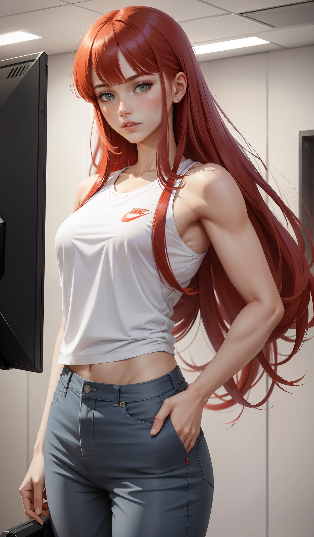 a muscular, purple-skinned, red-haired woman with a purple lock in her bangs, green eyes, in white shirt and red pants is playing video games, simple style, wearing stylish casual clothes, soft red, simple clothes, milk and red style, casual clothing style, modern fashion clothing, dressing a fisherwoman, casual modern clothes, inspo, red clothes, Red pants, neutral tones, rred and white color scheme, business casual clothing, scary face, Nike sneakers, 22 years old, adult face, long hair, ((red hair))
