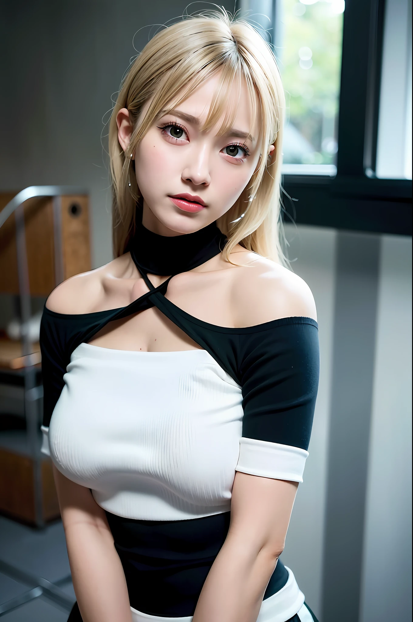 best quality, ultra high res, (photorealistic:1.4), 1girl, off-shoulder white shirt, black tight skirt, black choker, (faded ash gray hair:1), (huge breasts:1.2), looking at viewer, closeup ,