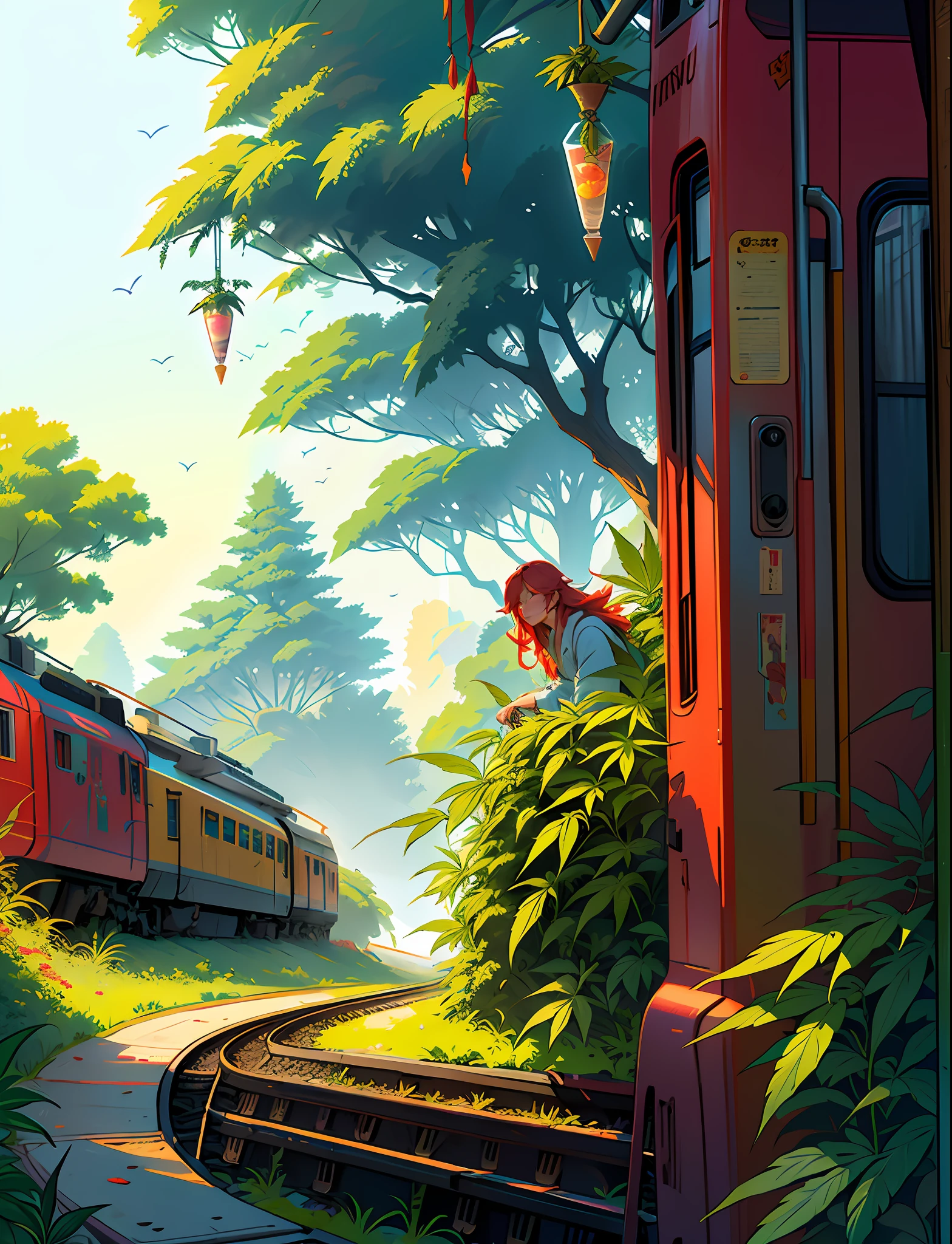 Close up (((train))) in love Hemp, leaf, marijuana, cannabis cone, ((illustration)), colorful, wallpaper, energy, secret, magical environment, magical environment, magic wand, pages flying in the sky, omniscience, prediction of the future, understanding the past, frost magic, spells, red hair, long hair, --v 6