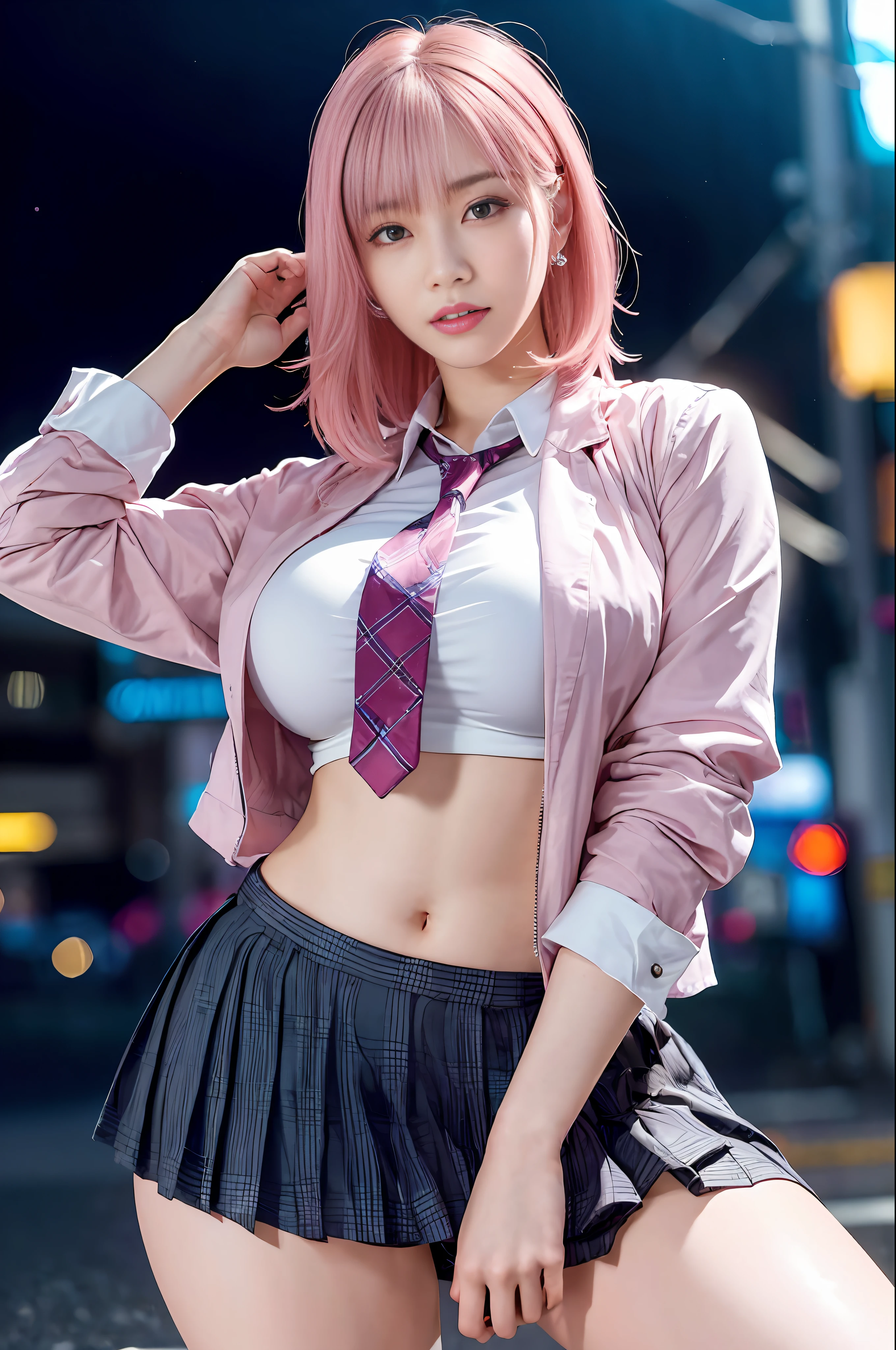 there is a woman with pink hair and a tie posing for a picture, anime girl in real life, anime girl cosplay, a hyperrealistic schoolgirl, seductive pretty girl, hyperrealistic schoolgirl, attractive real girl, cute girl with short pink hair, anime style mixed with fujifilm, beautiful real high school girl, pretty girl, cyberpunk  girl, anime cosplay, cosplay,  masterpiece, superdeformed, full body: 1.2, ultra high res, RAW photo, masterpiece, ultra detailed, 8k, full detailed hair, highres, best quality, ultra high res, ultra detailed face and eyes, (photorealistic:1.4), looking at viewer, smiling, cute,  (ray tracing:1.4), (long legs:1.4), Best quality , masterpiece, large hip, Fully facial detailed, beautiful, ((very detailed of hair )) , (((18 years old))), thin lips, big eyes, highres, seducing, blue eyes , slim waist, 8k, 16k, highres,
karol bak uhd, inspired by hajime sorayama,