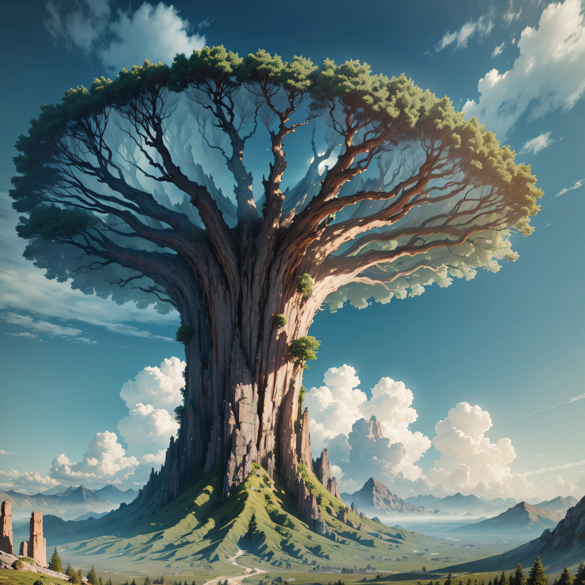 drop shadow, quality, super detail, high definition, high definition, 8k, something surreal, Tree, gigantic tree, roots like mountains, so big that it disappears into the clouds, immense, connects the earth to the heavens