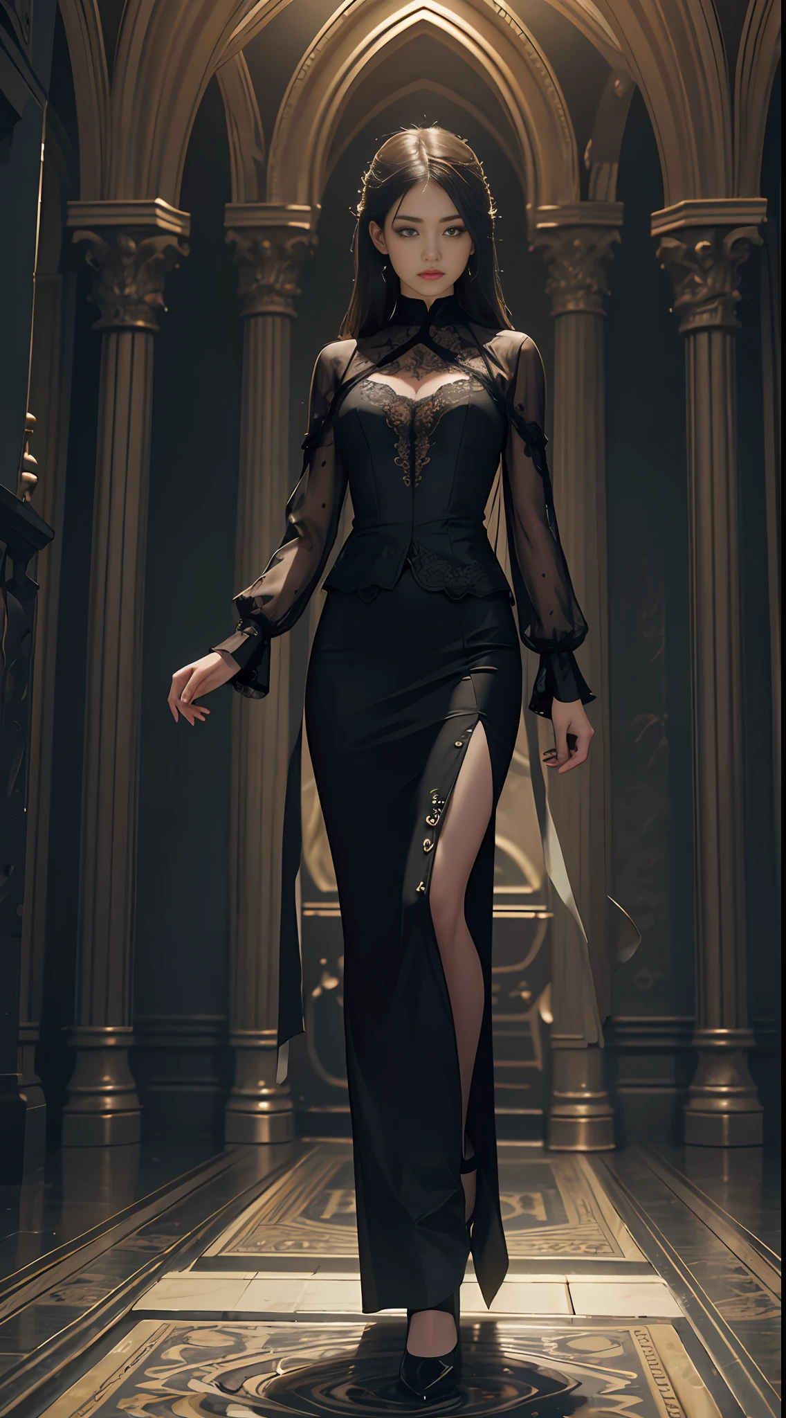 Official Art, Unity 8k wallpaper, ultra detail, best quality, full body, face detail, full body perspective, (UE rendering: 1.3), (soft light to face: 1.5), (dim light: 1.2), killer, fierce eyes, killer image, dark, atmospheric, mystical, romantic, creepy, literature, art, fashion, victorian, decoration, intricate, ironwork, contemplation, emotional depth, supernatural, 1 girl, solo, flat, Full body composition
