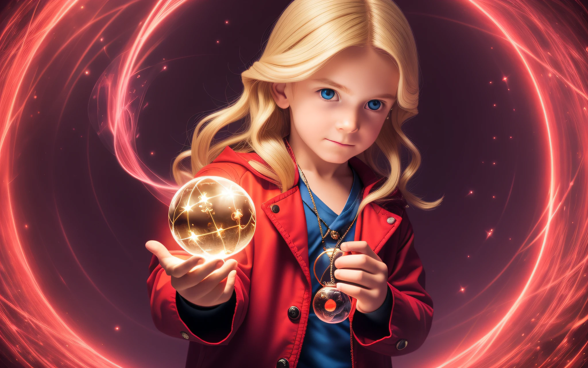 PHOTO REALISTIC, CLOSE UP, BOY WITH LONG BLONDE HAIR IN SINISTER RED JACKETS, holding a glowing ball in his hands,, mage pondering his orb, holding a glowing orb of dice, he is casting a lighting spell, holding a glowing orb, holding a crystal ball, psychic, crystal ball, cool marketing photo, stock photo, predicting the future, stock image, plasma globe, well-lit professional photo, magic,