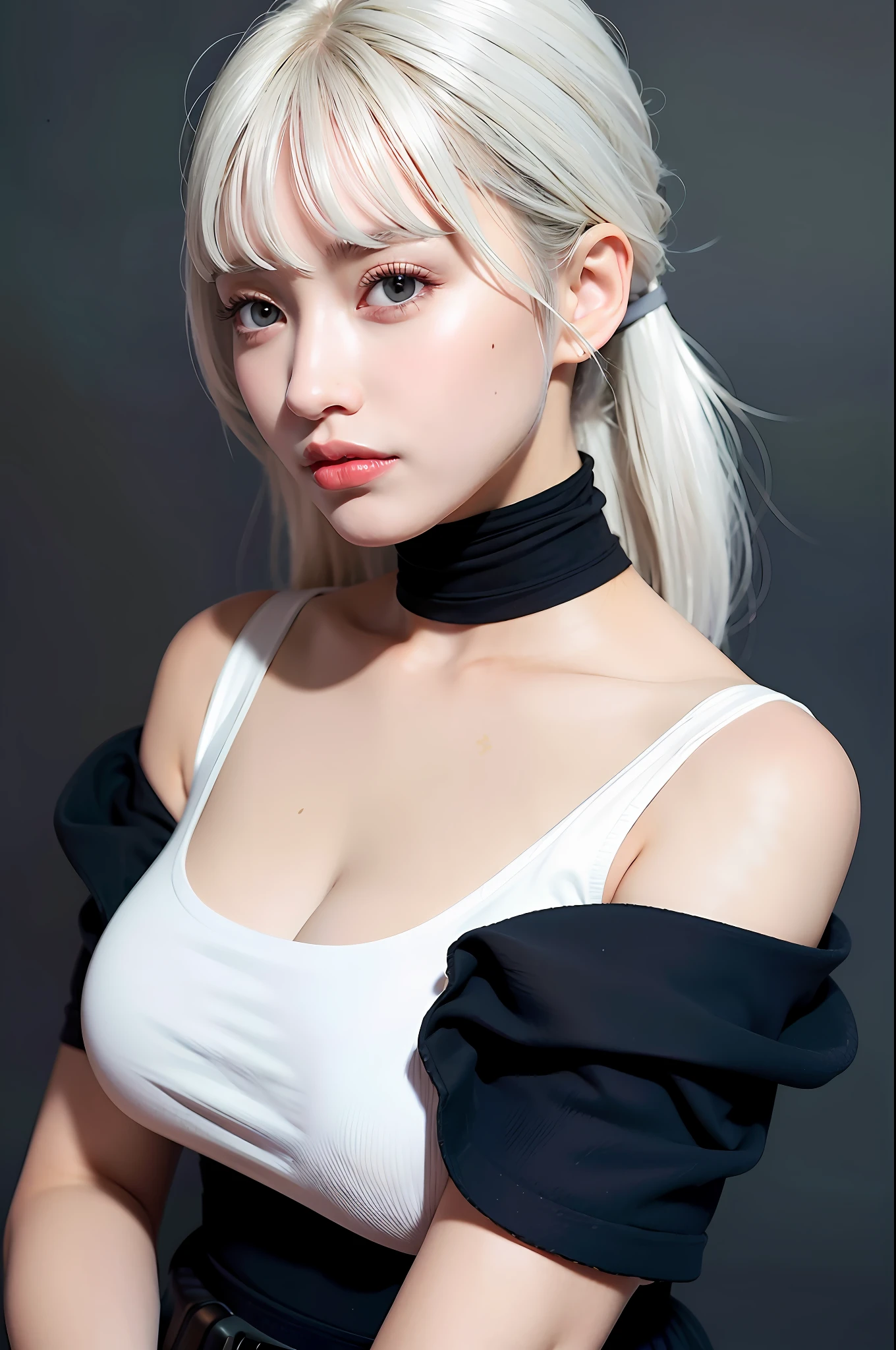 best quality, ultra high res, (photorealistic:1.4), 1girl, off-shoulder white shirt, black tight skirt, black choker, (faded ash gray hair:1), (huge breasts:1.2), looking at viewer, closeup ,