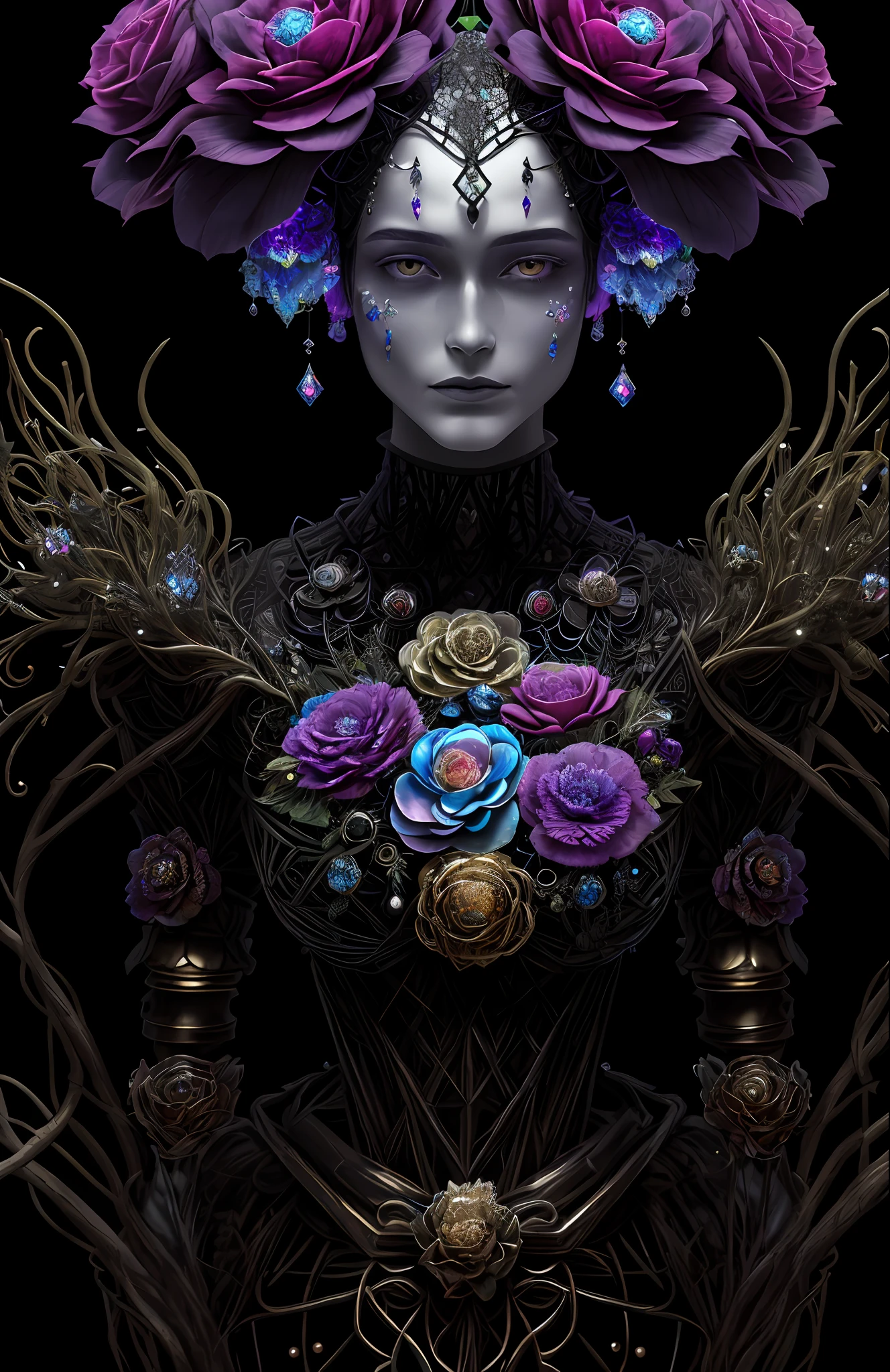 "Rosen maiden, (masterpiece, best quality), (illustration), strange fungal disease dense forest, transparent sticky substance, caustics, crystals, close-up, intricate details, dark background, sparkling spores, rainbow crystals, darkness", made of metal, cyborg: 1.1, [detailed wire]: 1.3, (complex details), HDR, (complex details, hyperdetailed: 1.2),