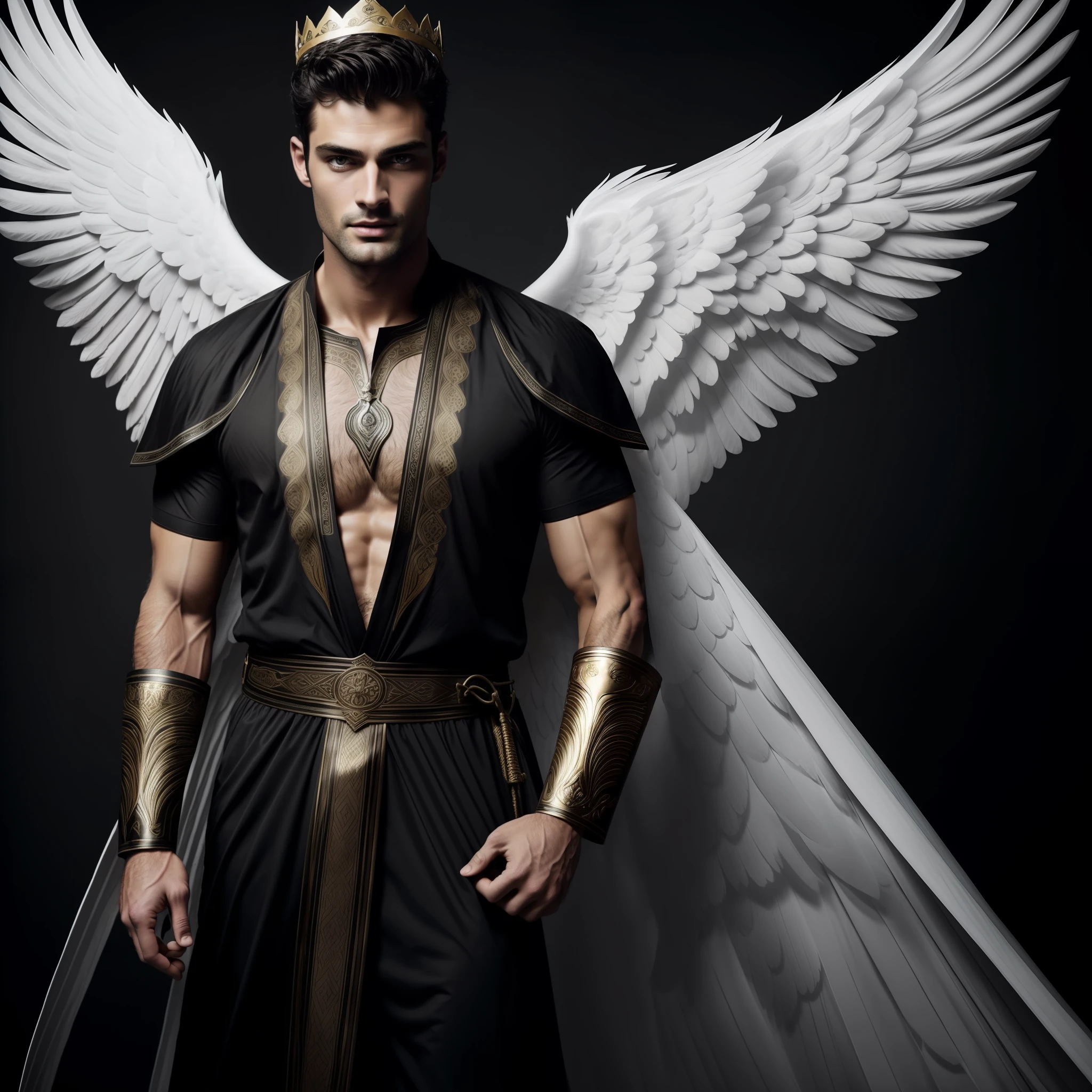 Man with large white feathered wings on his back, Wearing Tunic, Angel of the Mysteries, dark black background with gray half light, Magician, large wings, Sean O'Pry, wearing short black beard, wearing Golden Crown, focus on face details, serious and attractive man, wearing white tunic, magical and royal effect, movie cover, powerful heavenly warrior, similar to Sean O'Pry model, dark black image background, (8k, RAW photo, best quality, masterpiece: 1.2), (realistic, realistic photo: 1.37), professional lighting.