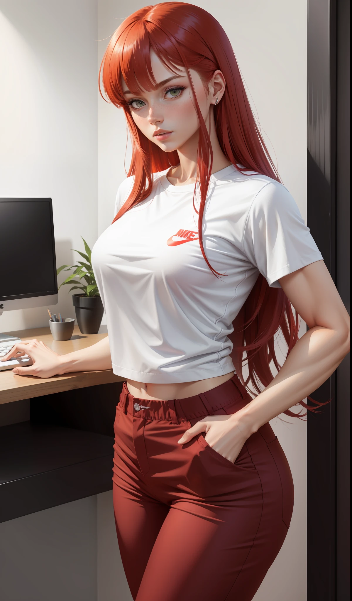 a muscular, purple-skinned, red-haired woman with a purple lock in her bangs, green eyes, ultraviolet skin, in white shirt and red pants is playing video games, simple style, wearing stylish casual clothes, soft red, simple clothes, milk and red style, casual clothing style, modern fashion clothing, dressing a fisherwoman, casual modern clothes,  inspo , red clothes, red pants, neutral tones, rred and white color scheme, business casual clothing, scary face, nike sneakers, 22 years, adult face, long hair, ((red hair))