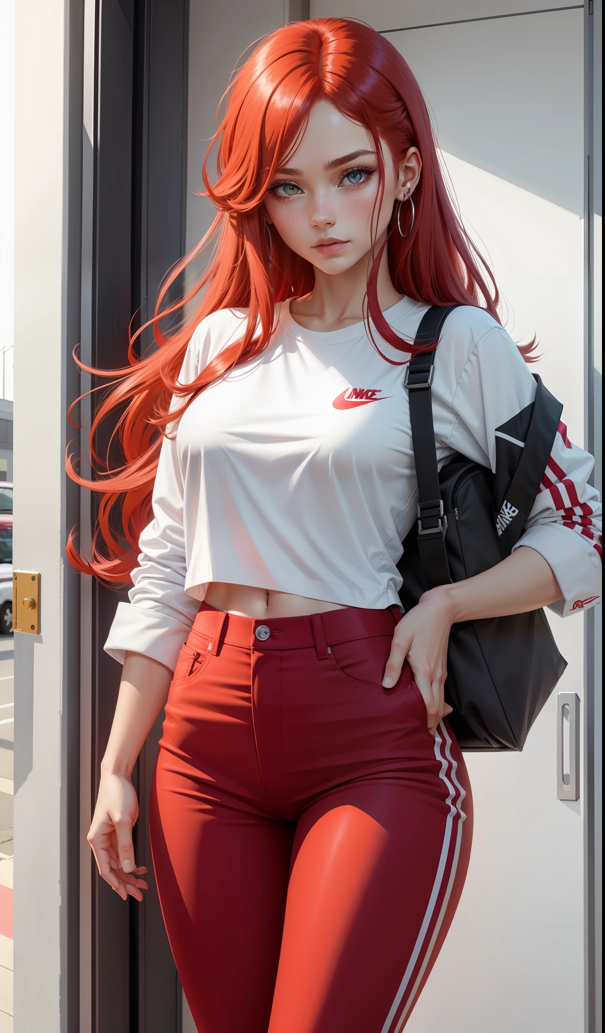 a muscular, purple-skinned, red-haired woman with a purple lock in her bangs, green eyes, ultraviolet skin, in white shirt and red pants is playing video games, simple style, wearing stylish casual clothes, soft red, simple clothes, milk and red style, casual clothing style, modern fashion clothing, dressing a fisherwoman, casual modern clothes,  inspo , red clothes, red pants, neutral tones, rred and white color scheme, business casual clothing, scary face, nike sneakers, 22 years, adult face, long hair, ((red hair))