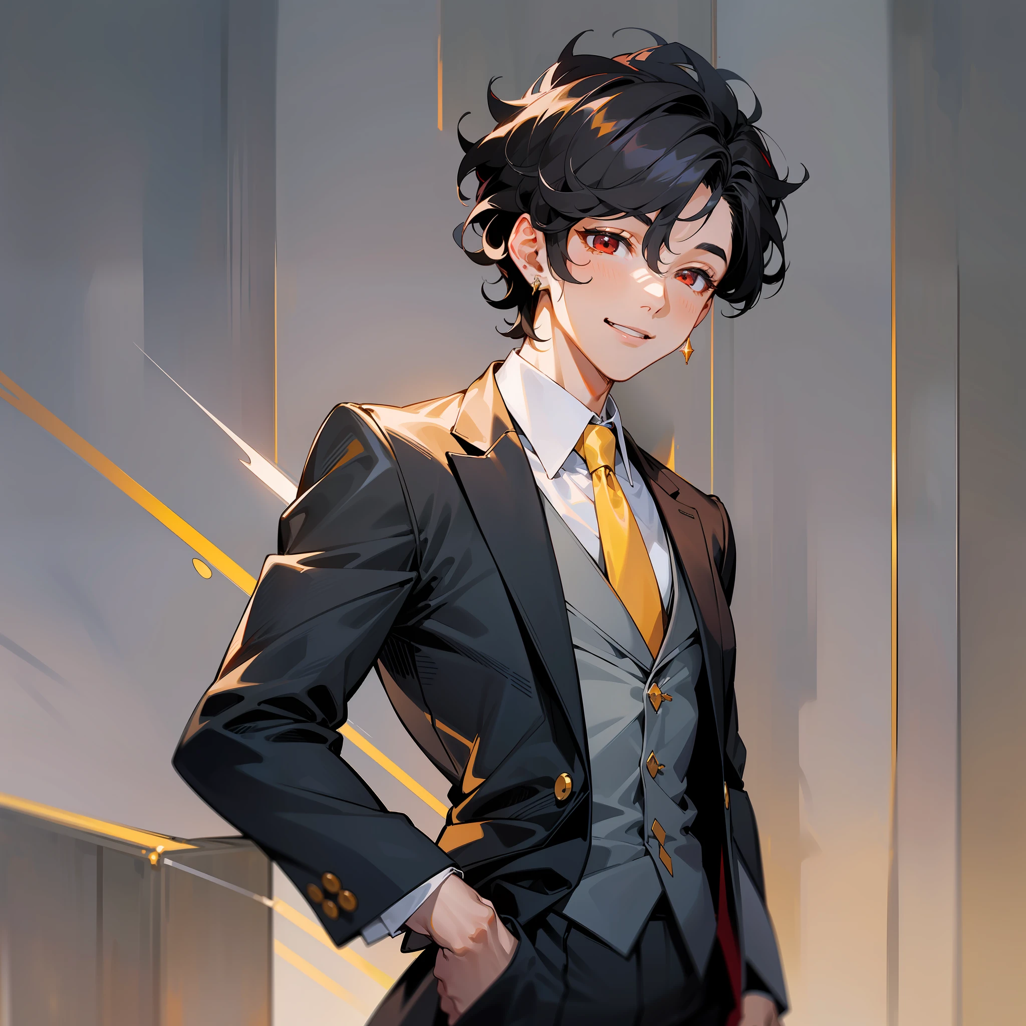 1 boy solo, close-up, determined eyes, business suit, white shirt, tie, pants, short black hair, curls, smile, red eyes, formal wear, (light facial features, detailed skin texture, beautiful face), white background, earrings, yellow leather, standing, masterpiece, top quality, best quality