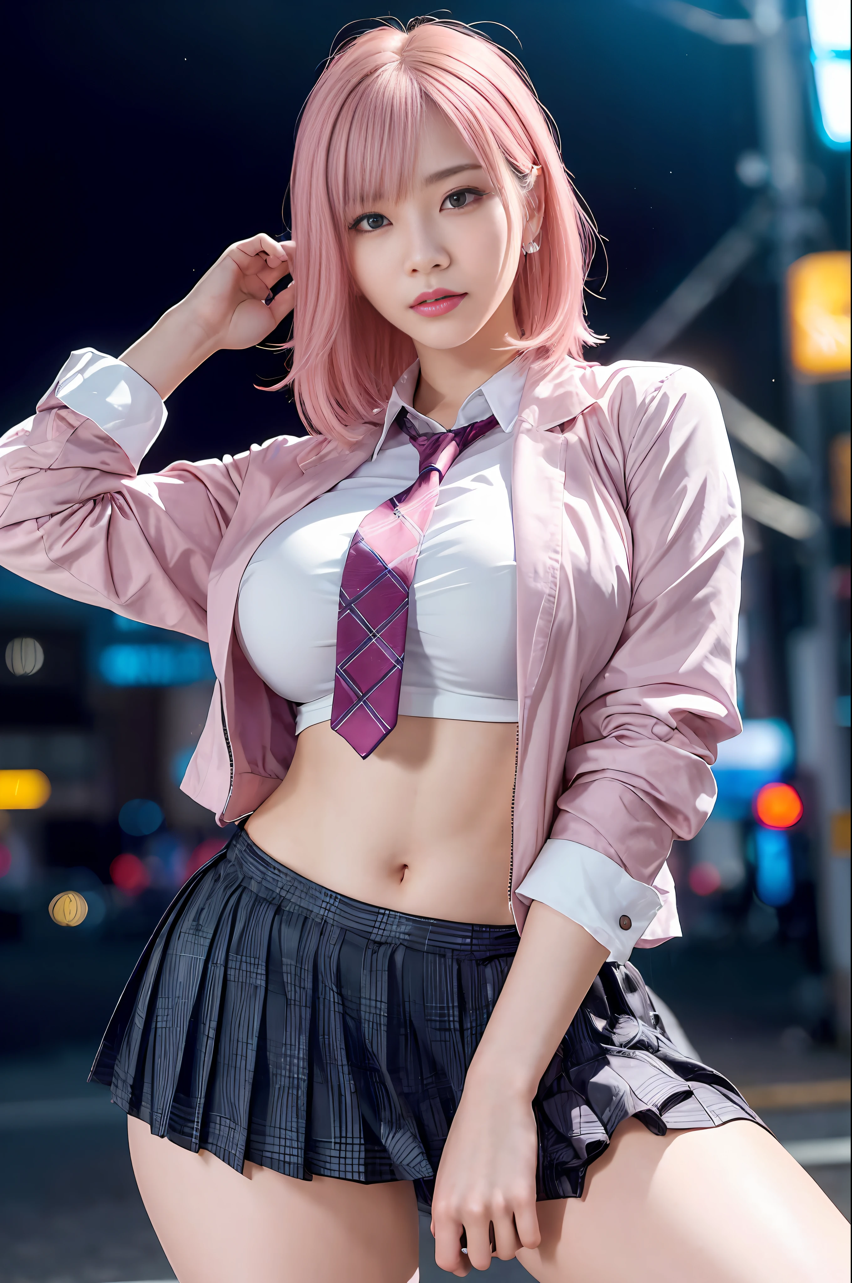 there is a woman with pink hair and a tie posing for a picture, anime girl in real life, anime girl cosplay, a hyperrealistic schoolgirl, seductive pretty girl, hyperrealistic schoolgirl, attractive real girl, cute girl with short pink hair, anime style mixed with fujifilm, beautiful real high school girl, pretty girl, cyberpunk  girl, anime cosplay, cosplay,  masterpiece, superdeformed, full body: 1.2, ultra high res, RAW photo, masterpiece, ultra detailed, 8k, full detailed hair, highres, best quality, ultra high res, ultra detailed face and eyes, (photorealistic:1.4), looking at viewer, smiling, cute,  (ray tracing:1.4), (long legs:1.4), Best quality , masterpiece, large hip, Fully facial detailed, beautiful, ((very detailed of hair )) , (((18 years old))), thin lips, big eyes, highres, seducing, blue eyes , slim waist, 8k, 16k, highres,
karol bak uhd, inspired by hajime sorayama,