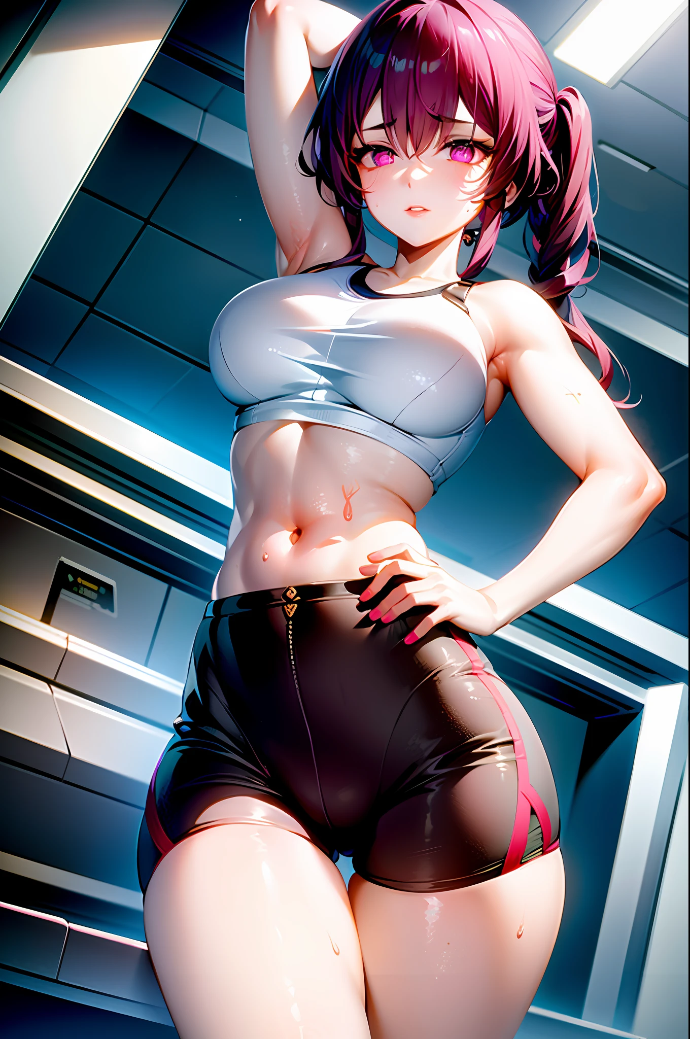 good hand, 4k, 1girl, ) a RAW portrait of a girl working out in the gym), perspiring, sweating, high resolution, masterpiece, best quality, head: 1.3, (Korean K-pop idol), chunli, twin tails, extremely cute and finely detailed skin, sharp focus, (cinematic lighting), collarbone, soft lighting, dynamic angle, [:(detailed face: 1.2): 0.2], thigh space, slim body, ((medium breasts)), full body, ((gym attire)), (gym shorts), tank top, gym background, gym equipment, (anime, official_art: 1.1), (anime screenshot: 1.1), (1girl, solo focus: 1.2), (fisheye: 0.9), ray tracing: 0.5, depth of field: 1.0, bokeh: 0.6, god rays: 1.0, vivid colors: 0.8, Cinematic hard lighting: 0.7, Realistic shadows: 1.2,