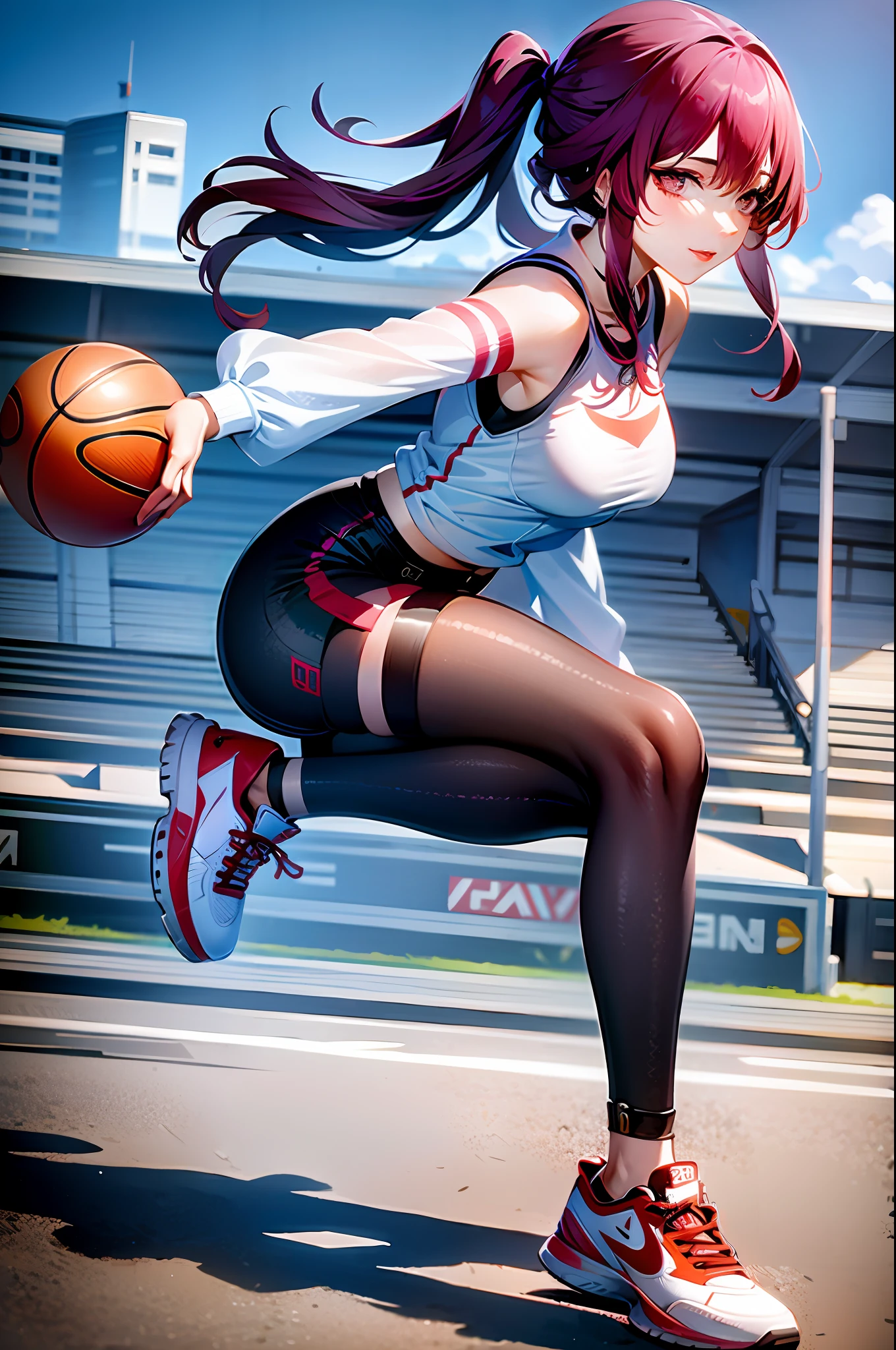 4k, realistic, very detail, there is a girl in the basket ball field, she is a basket ball player, sport theme, soft clothes, long hair, wearing legging, 25 years old, full body, wearing nike shoes