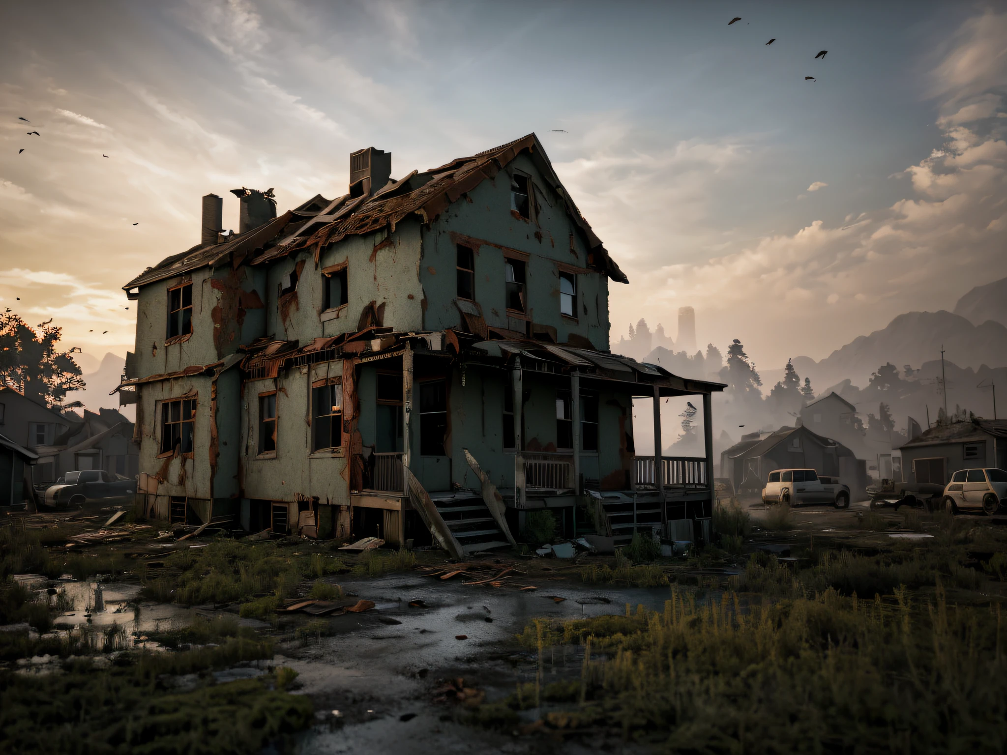 3d render of exterior home, abandoned, dramatic color grade, moss, abandoned, broken, old, accurate color grading, rvb, Sony A7 III, Sigma Art 85 mm f/1,4 DG HSM, perfect, subsurface scattering, unreal engine, dusty sun light, dystopian world