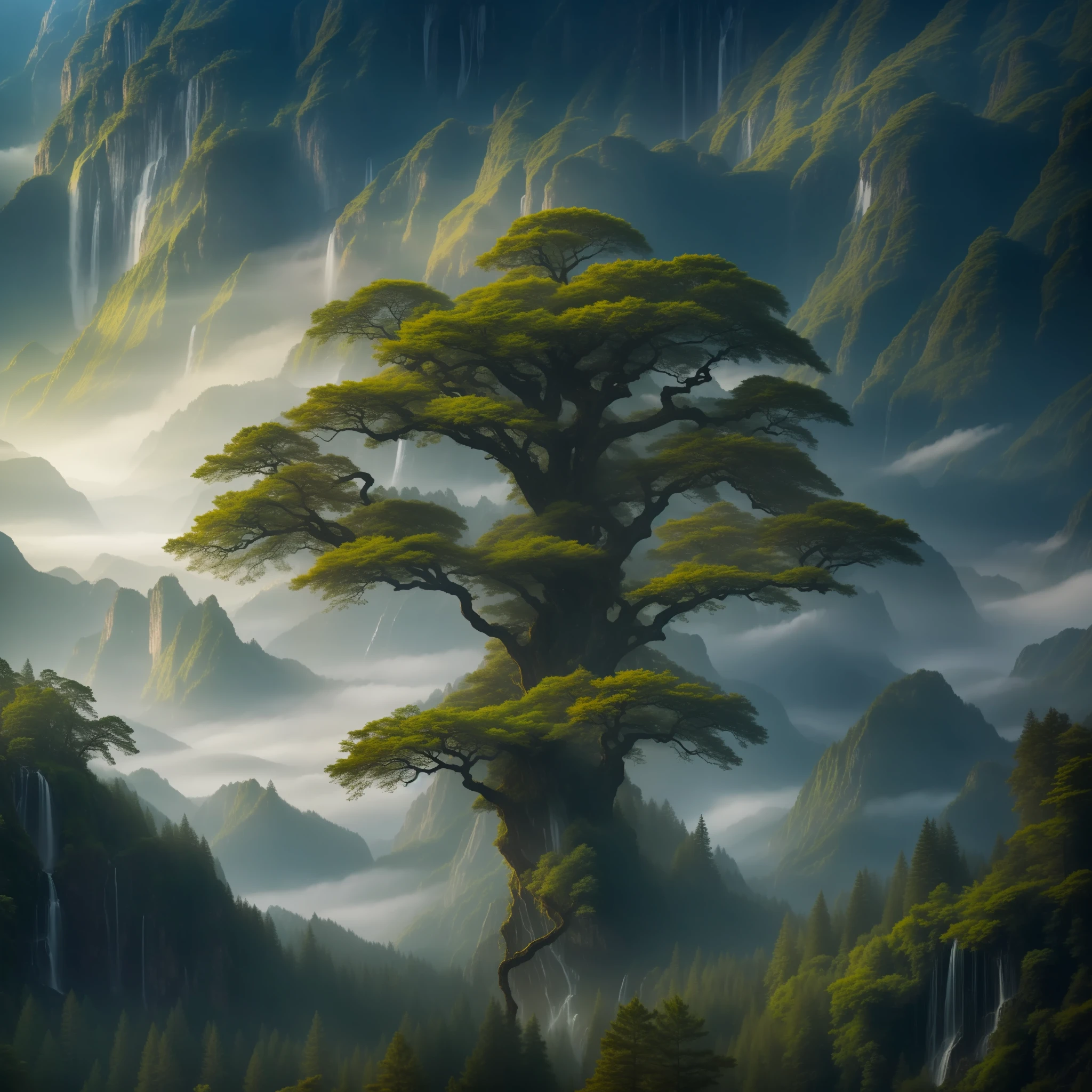 drop shadow, quality, super detail, high definition, 8k, something surreal, Tree, gigantic tree, roots like mountains, so big that it disappears into the clouds, immense, connects the earth to the heavens, its trunk is wide and sprawling, a core waterfall from its summit to its base, its leaves flutter, leaves in shades of silver and gold.