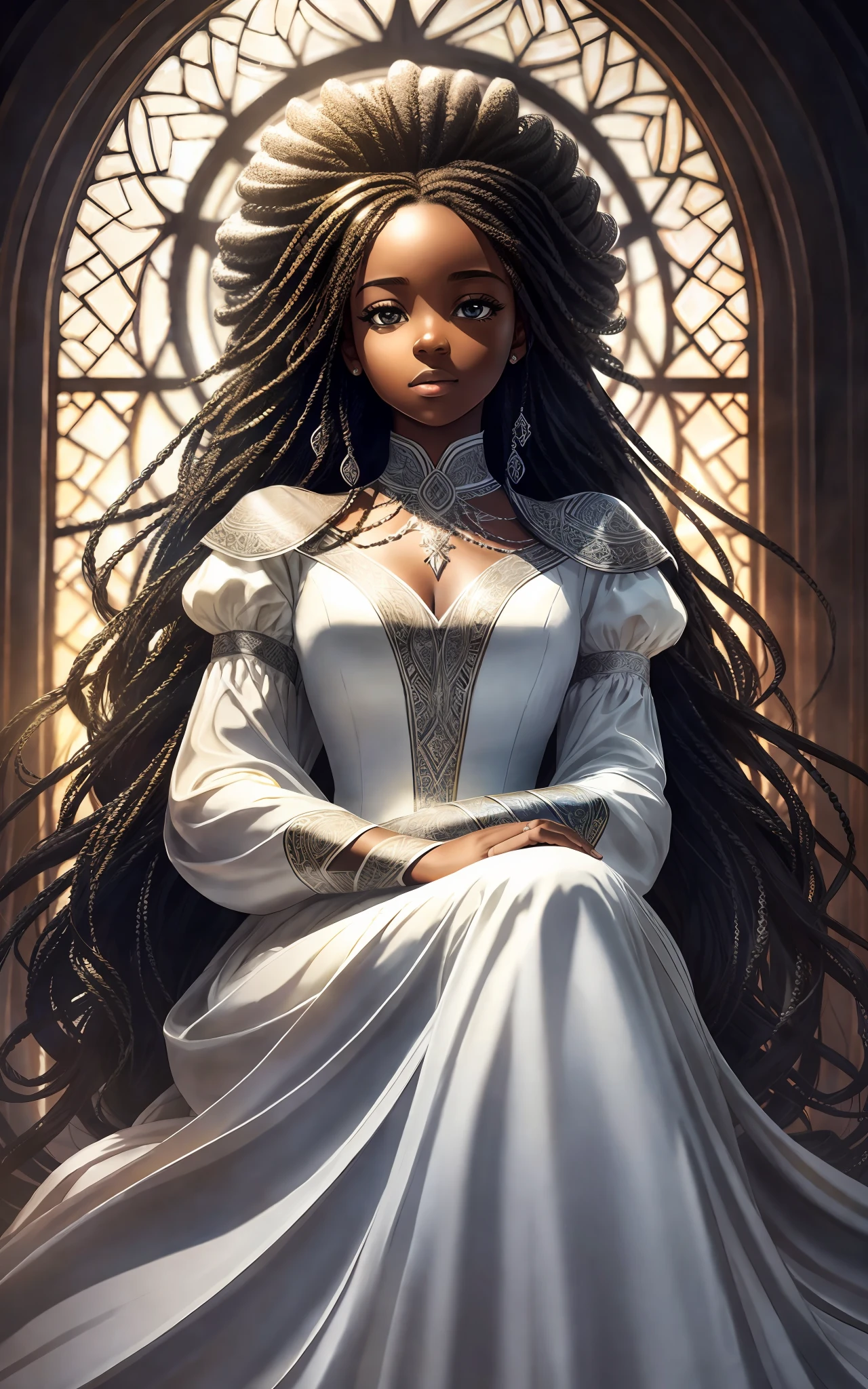 award winning 64k concept art of (black 1girl:1.2) in white majestic dress sitting on the throne in the mountains, posing, epic, god rays, centered, (masterpiece:1.2), (best quality:1.2), Amazing, highly detailed, beautiful, finely detailed, warm soft color grading, Depth of field, extremely detailed 8k, fine art, stunning, iridescent, shiny, (light reflections:1.2), (crisp:1.5), curls, wind, vibrant, sunlit, (edge detection:1.2), absurdres, infinite