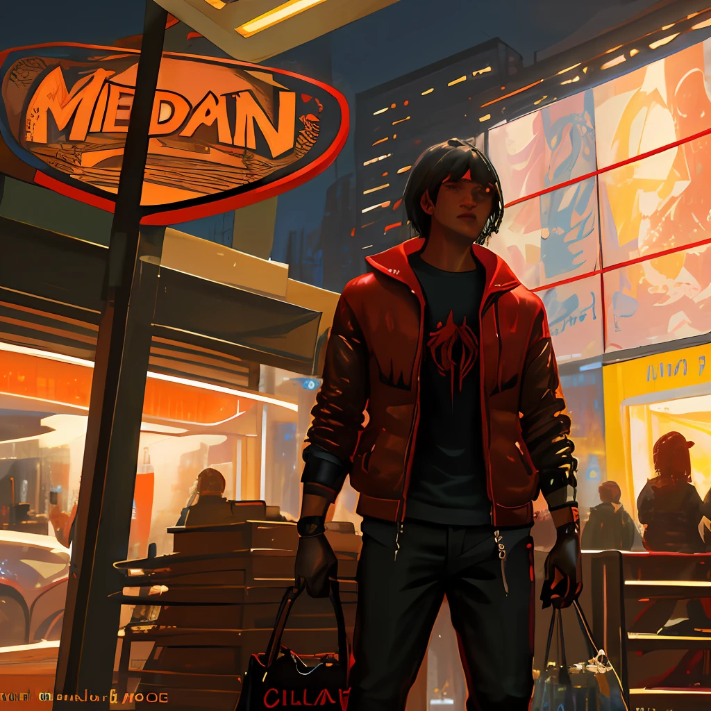 Spiderman homem aranha, Miles Morales ,Uplight, hight quality, a spider - man standing in front of a neon sign, inspired by Eddie Mendoza, panfuturism, holds a black sword, crimson clothes, i think you should leave, stylized neon, wielding a dagger, in a corrupted forest, netflix animation, favorite scene, absolute chad, may 1 0, wrench, Realistic characters, Realistic environment, Realistic body, beautiful realistic photo of a realistic dramatic character, fusion between jeremy mann and childe hassam and daniel f gerhartz and rosa bonheur and thomas eakins, Cinematic, Nice shot, fine detail, CinemaHelper, PhotoHelper, 16K