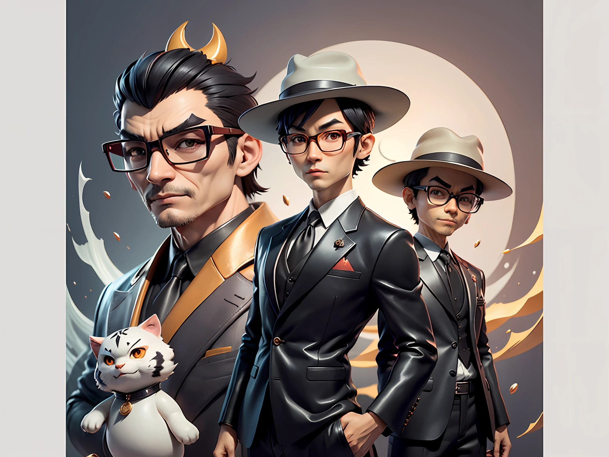 Young man with oriental face in leather hat, tiger, oriental face in formal suit, short black hair, silver glasses, digital painting, 3D character design by Mark Clairedon and Pixar and Hayao Miyazaki and Akira Toriyama, the illustration is a high-definition illustration in 4K resolution with very detailed facial features and cartoon-style visuals.