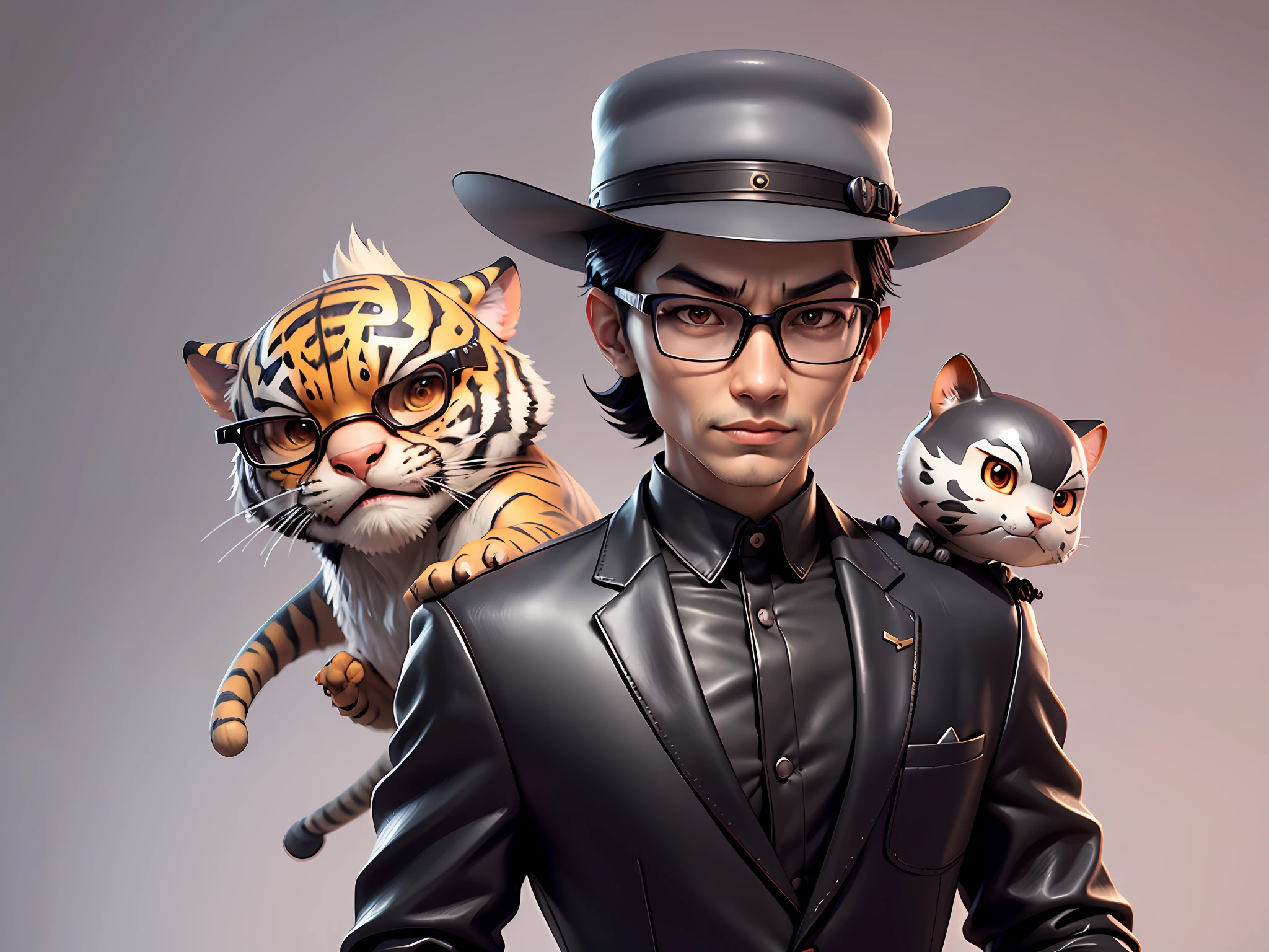Young man with oriental face in leather hat, tiger, oriental face in formal suit, short black hair, silver glasses, digital painting, 3D character design by Mark Clairedon and Pixar and Hayao Miyazaki and Akira Toriyama, the illustration is a high-definition illustration in 4K resolution with very detailed facial features and cartoon-style visuals.