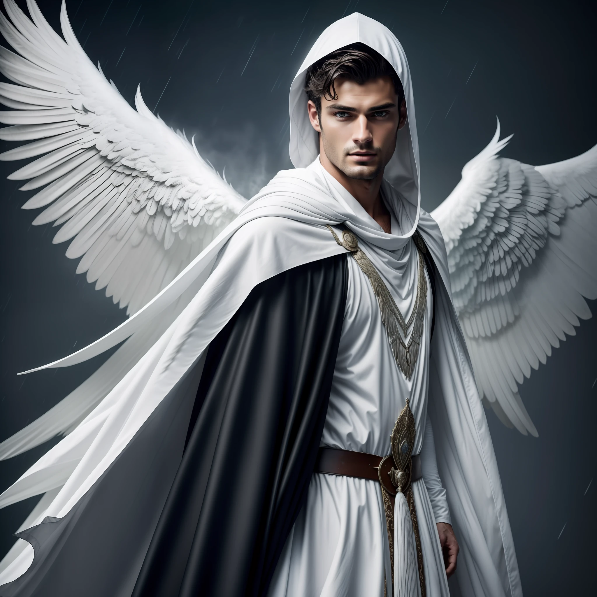 Man with large wings of white feathers on the back, Wearing Tunic and mysterious white hood, angel of the Mysteries, wizard, background medieval city rainy weather, Magician, large wings, Sean O'Pry, wearing beard, focus on the details of the face, serious and attractive man, wearing white tunic, magical and real effect, movie cover, powerful celestial warrior, similar to model Sean O'Pry,  Dark black image background, (8k, RAW photo, best quality, masterpiece: 1.2), (realistic, realistic photo: 1.37), professional lighting.