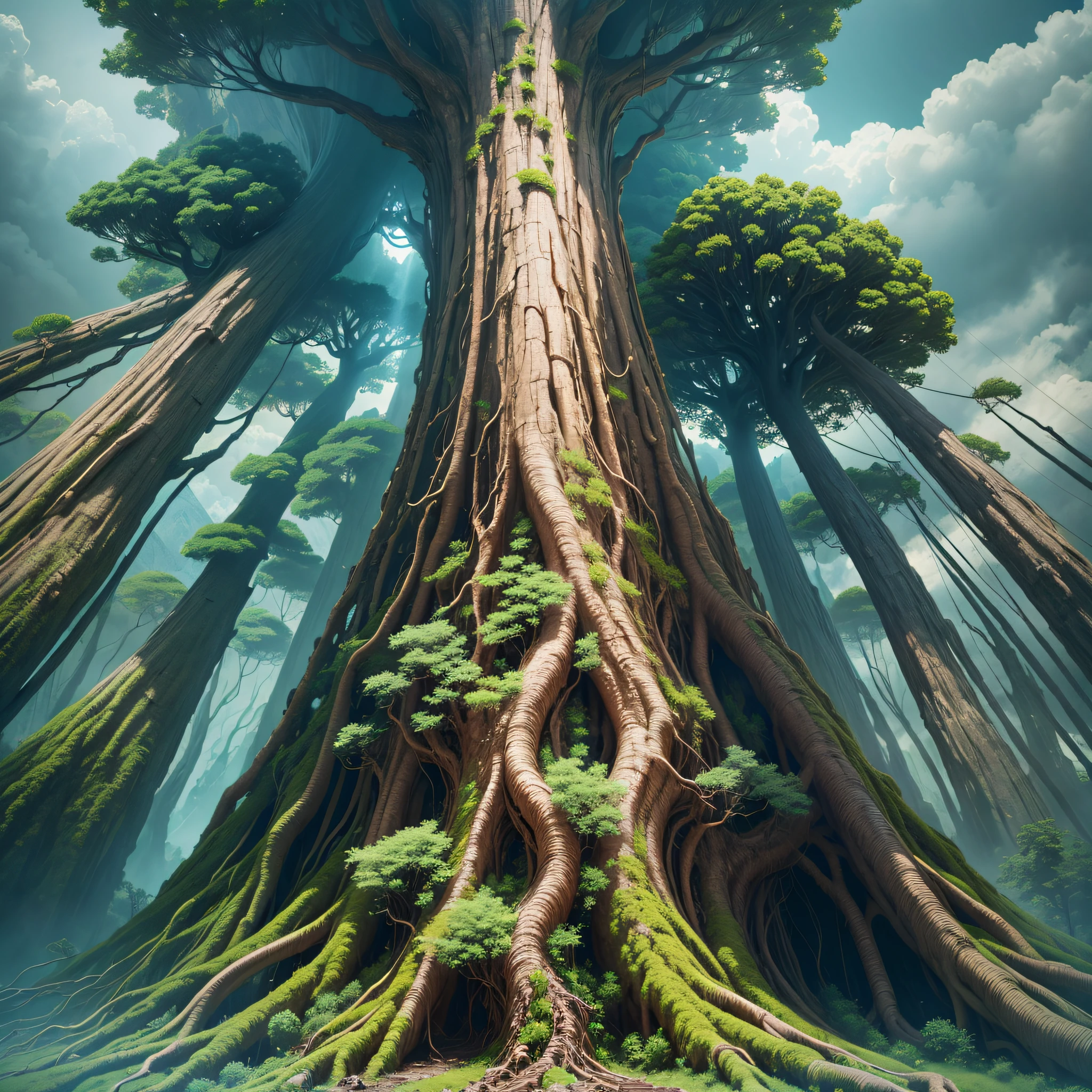 high definition, 8k, something surreal, tree, gigantic tree, roots like mountains, so big that it disappears into the clouds, immense, connects the earth to the heavens --auto --s2
