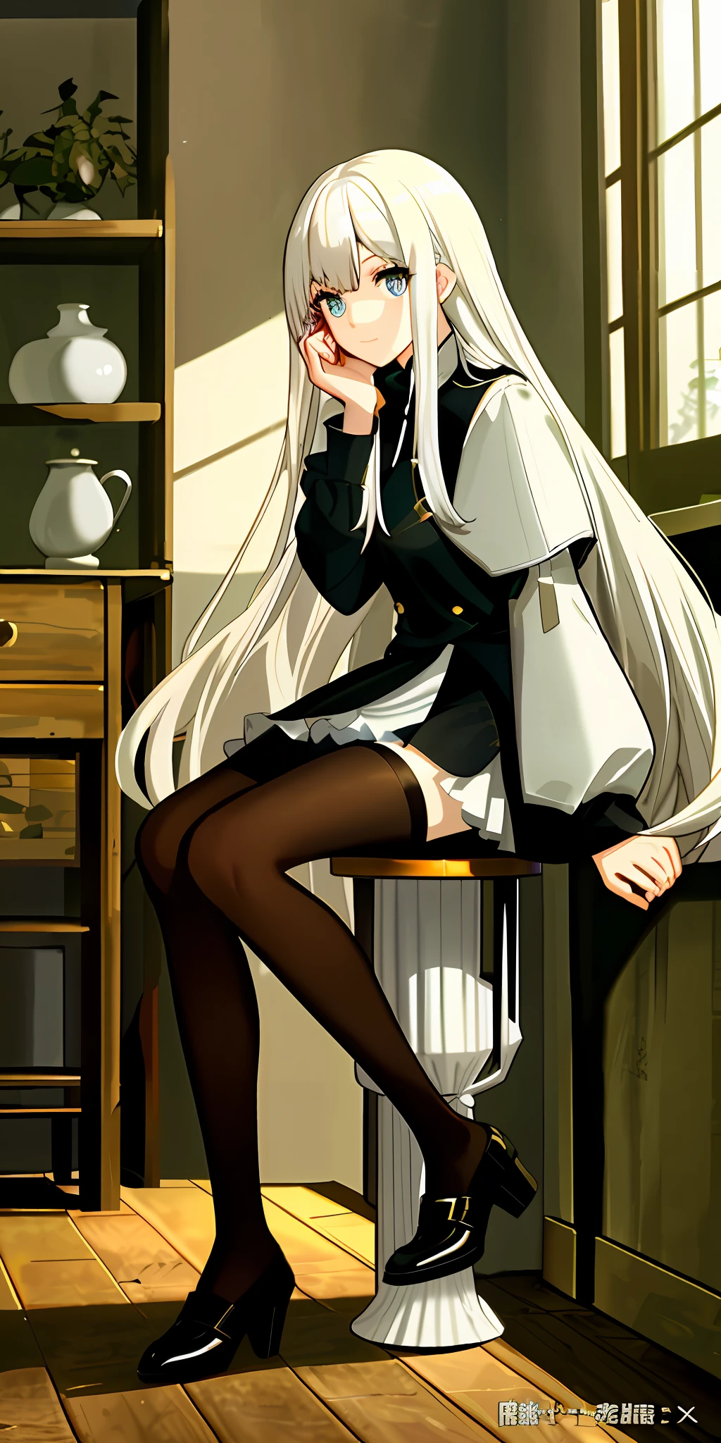 (Masterpiece, best quality), 1 long girl with white hair sitting on a stool with her hands on her thighs, short white skirt, black knee-length stockings,