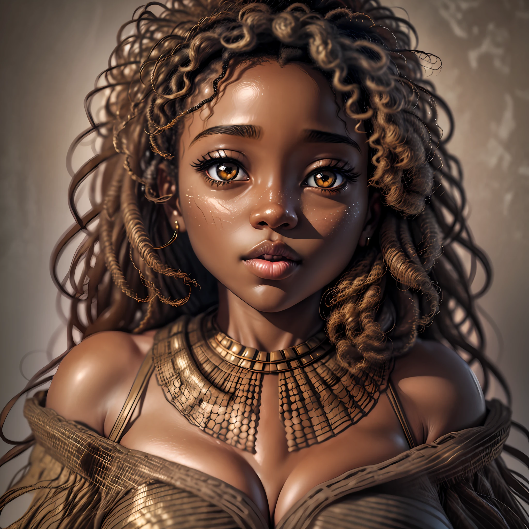 Super Big, Face Close, (hazel eyes), african style, curly hair, closed mouth, delicate big cheeks, Surrealism, 8k, super detail, masterpiece, best quality, (extremely detailed CG unity 8k wallpaper), (best quality), (best illustration), (best shadow), absurdres, realistic lighting, (Abyss), beautiful detailed glow, detailed face