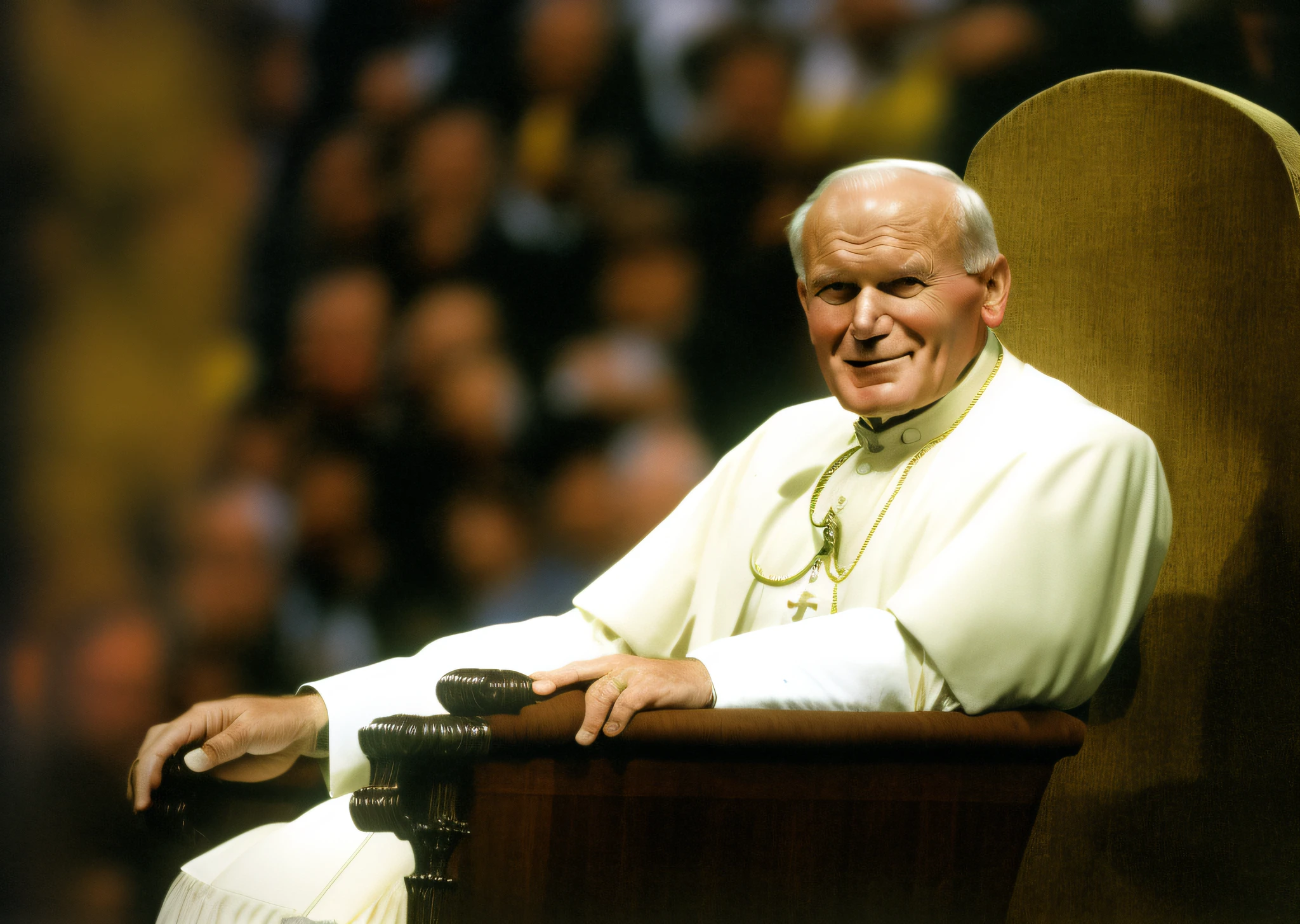 photorealistic analogue canon EOS, masterpiece, jan pawel 2 seated, throne, smile, dramatic, cinematic, film grain, moody tones