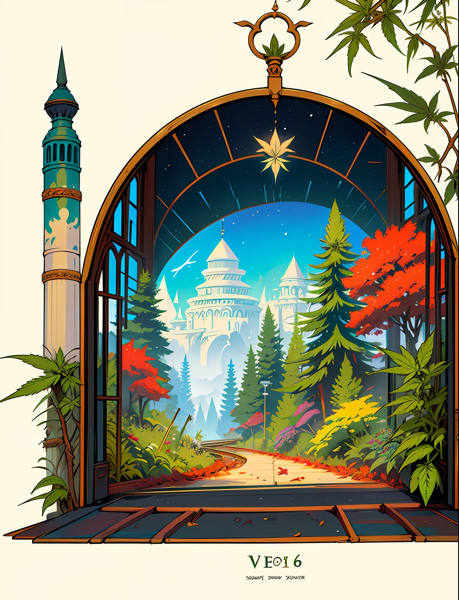 Train Close up (((train))) in love Hemp, leaf, marijuana, cannabis cone, ((illustration)), colorful, wallpaper, energy, secret, magical environment, magical environment, magic wand, pages flying in the sky, omniscience, prediction of the future, understanding the past, frost magic, spells, red hair, long hair, --v 6