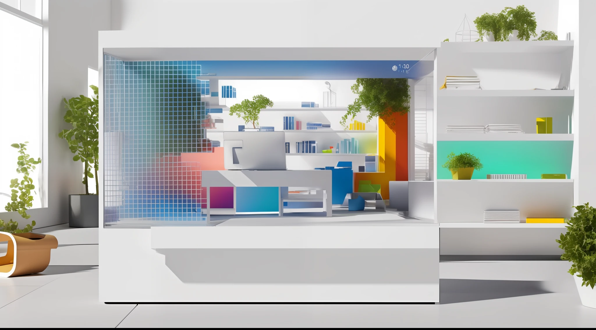 (Ultra-realistic representation of a store with product shelves: 1.1), (seamless integration of physical and online commerce), (dynamically changing display on a laptop screen), (white wood shelves), (modern laptop), (dynamic movements: 0.8), (bright, vibrant, and beautiful colors: 1.2), (perfect depth), (dimensional atmosphere), (embedded labels)