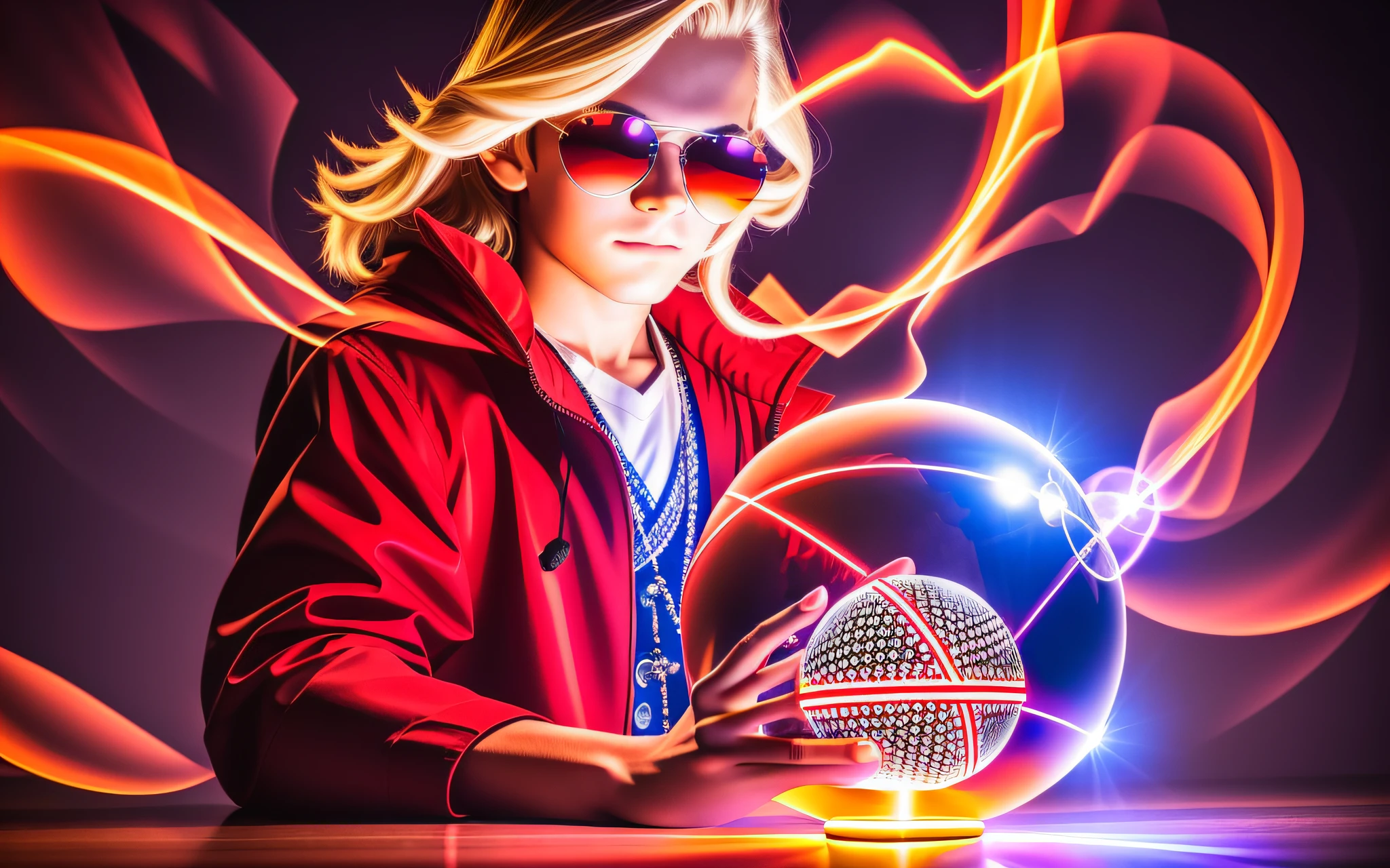 PHOTO REALISTIC, CLOSEUP, BOY WITH LONG BLONDE HAIR IN RED JACKETS, SUNGLASSES, holding a glowing ball in his hands, ON A TABLE WITH HIS ARMS AND WITH DIABOLICAL FEATURES, mage pondering his orb, holding a glowing orb of dice, he is casting a lighting spell, holding a glowing orb, holding a crystal ball,  psychic, crystal ball, cool marketing photo, stock photo, predicting the future, stock image, plasma globe, well-lit professional photo, magic,