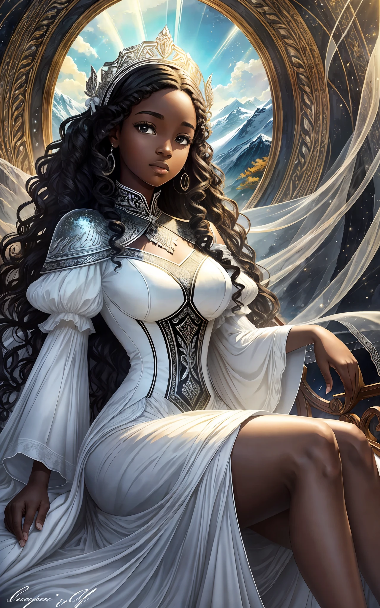 award winning 64k concept art of (black 1girl:1.2) in white majestic dress sitting on the throne in the mountains, posing, epic, god rays, centered, (masterpiece:1.2), (best quality:1.2), Amazing, highly detailed, beautiful, finely detailed, warm soft color grading, Depth of field, extremely detailed 8k, fine art, stunning, iridescent, shiny, (light reflections:1.2), (crisp:1.5), curls, wind, vibrant, sunlit, (edge detection:1.2), absurdres, infinite