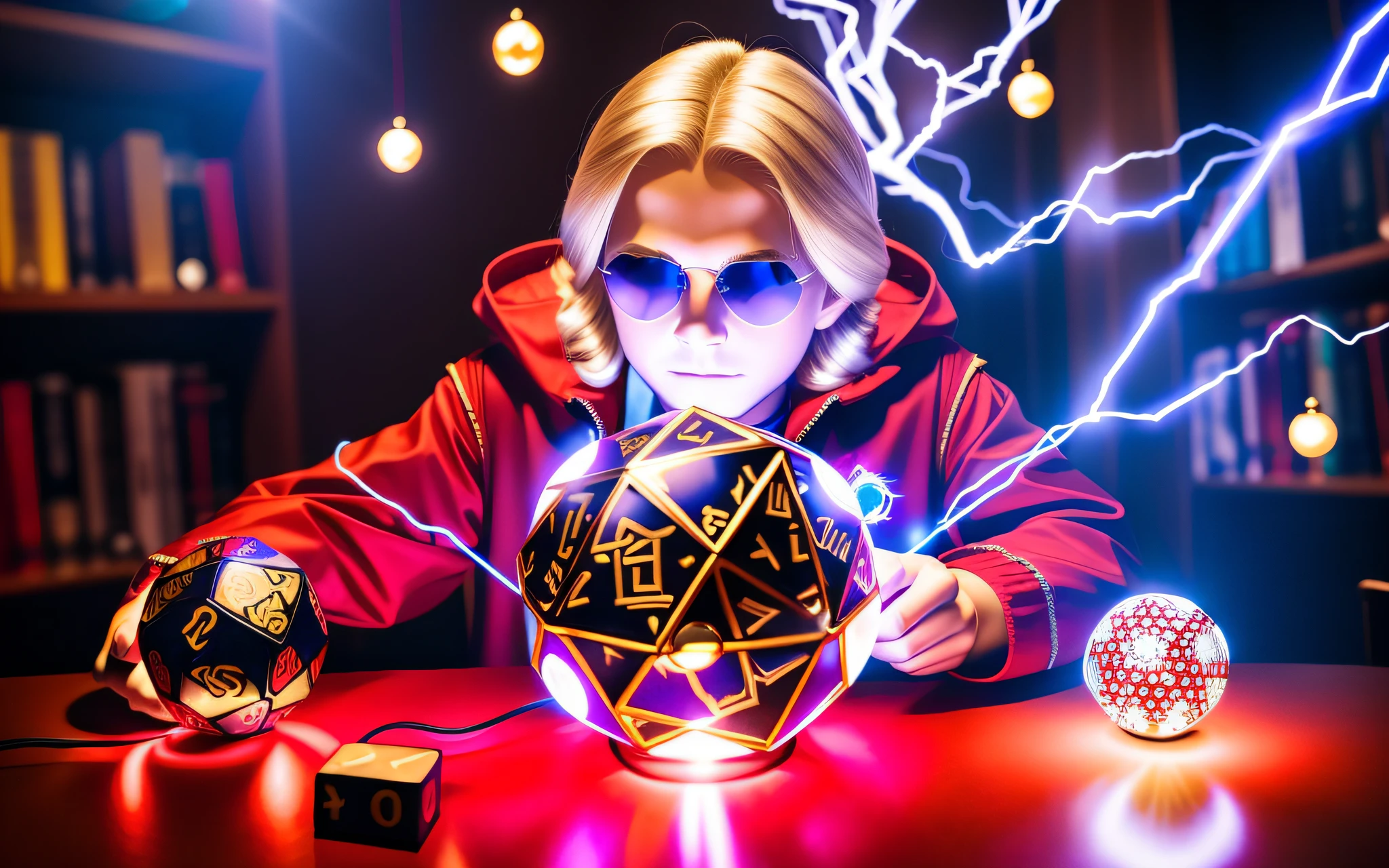PHOTO REALISTIC, CLOSEUP, BOY WITH LONG BLONDE HAIR IN RED JACKETS, SUNGLASSES, holding a glowing ball in his hands, ON A TABLE WITH HIS ARMS AND WITH DIABOLICAL FEATURES, mage pondering his orb, holding a glowing orb of dice, he is casting a lighting spell, holding a glowing orb, holding a crystal ball, psychic, crystal ball, cool marketing photo, stock photo, predicting the future, stock image, plasma globe, well-lit professional photo, magic,