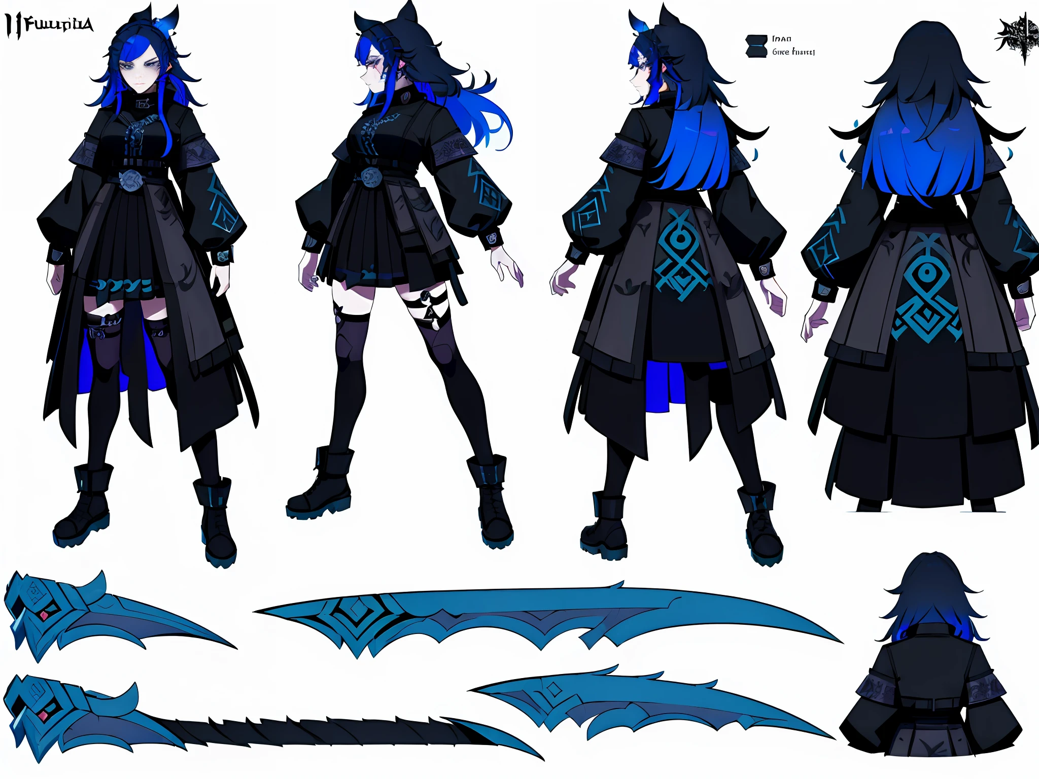 ((masterpiece)),(((best quality))), (((detailed face)))), ((vtuber character design sheet,same character,front,side,back)),illustration, black and blue hair, 1 punk woman wearing Karelian pagan cyberpunk and clothes mixed with nu-goth aesthetic. Kalevala, folklore. Druid Louhi, Lady of the North, (single background, white background: 1.3)