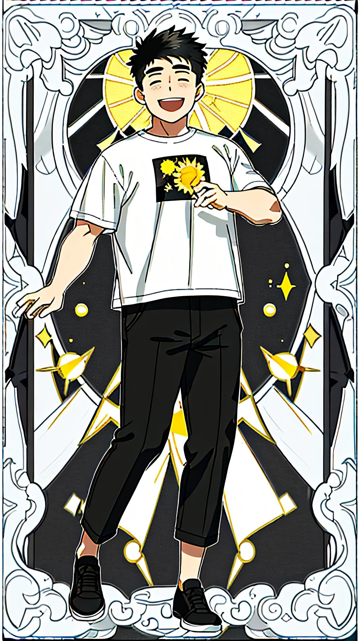 masterpiece, best quality, full body, card, 1 man, the sun, happy, laugh, short hair, black hair, brush cut, white shirt, standing, white, light, music, art, yellow, black, buzz cut, chubby, bara, street style, t-shirt, cute