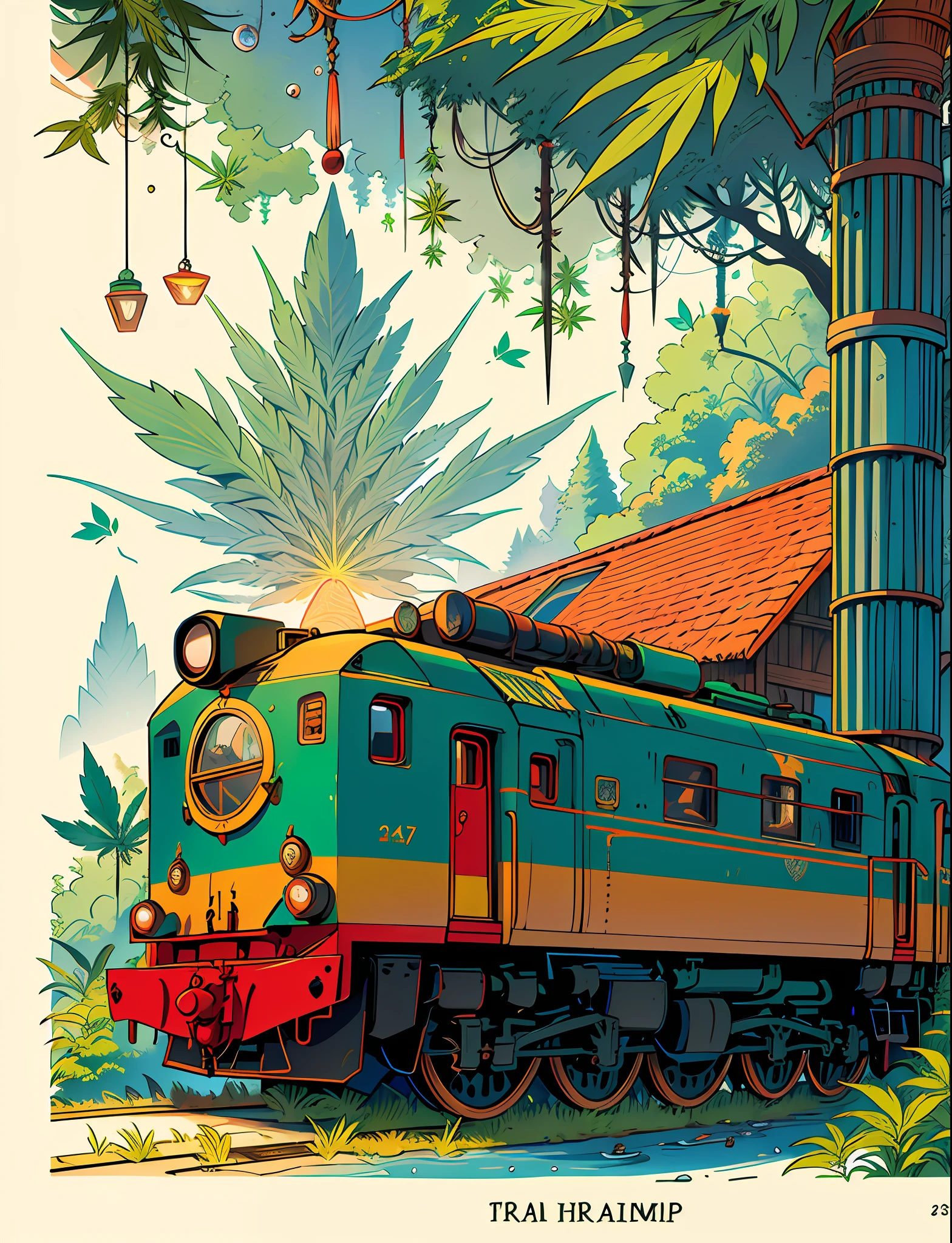 Train Close up (((train))) in love Hemp, leaf, marijuana, cannabis cone, ((illustration)), colorful, wallpaper, energy, secret, magical environment, magical environment, magic wand, pages flying in the sky, omniscience, prediction of the future, understanding the past, frost magic, spells, red hair, long hair, --v 6