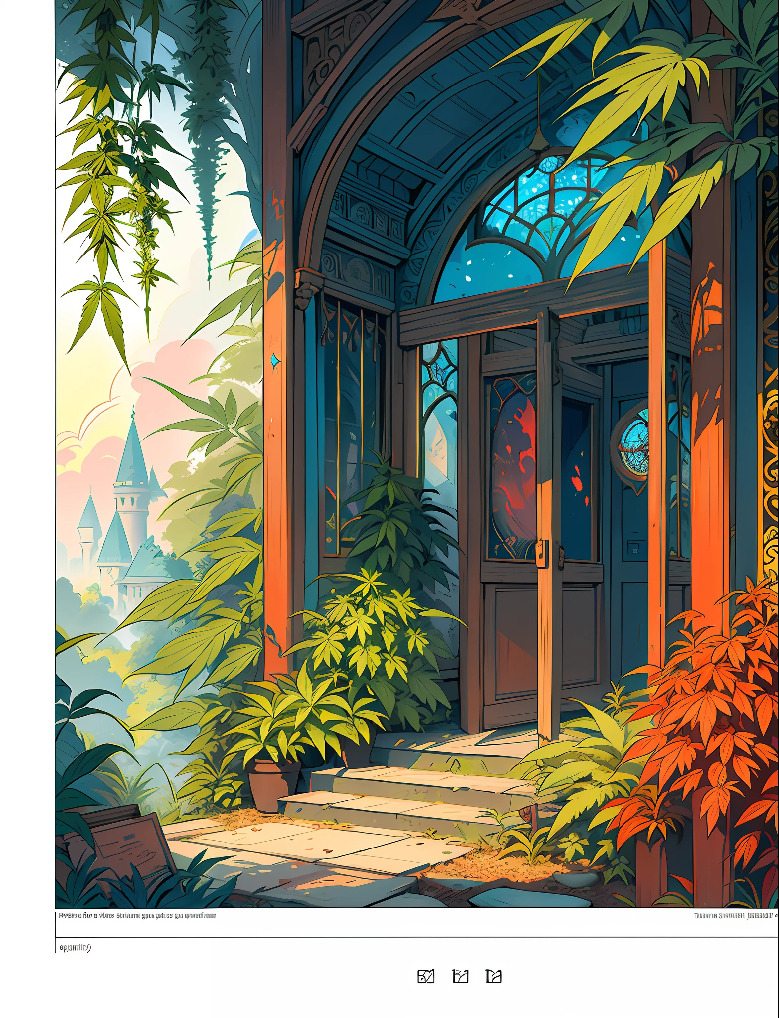 Train Close up (((train))) in love Hemp, leaf, marijuana, cannabis cone, ((illustration)), colorful, wallpaper, energy, secret, magical environment, magical environment, magic wand, pages flying in the sky, omniscience, prediction of the future, understanding the past, frost magic, spells, red hair, long hair, --v 6