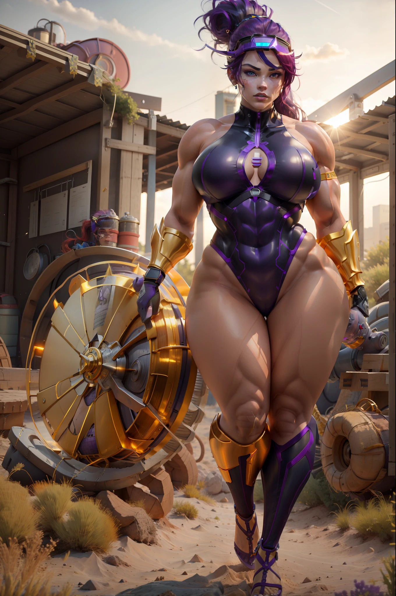 masterpiece, 8k, perfect ligthing, adult,a cartoon image of a woman with a muscular body and red hair, muscular girl, muscular ultraviolent woman, muscular female druid, bodybuilder superhero bikini, female and muscular, full body, commission for high res, full body!, full body portrait of a short!, muscular!, muscular!, full body!, muscular character, strong, muscular pose! female science fiction, looking at the viewer, cinematic lighting, cowboy shot, Widowmaker, (purple skin), blue skin, ponytail, yellow eyes, detailed eyes, beautiful lips, (bodysuit), gloves, high heels, visor, head-mounted display, unreal motor 5, beautiful body, (1women), slender, chest neckline, blush, shiny_skin, oily skin, 8K, UHD, HDR, (RSEEmma:1.2) ,
