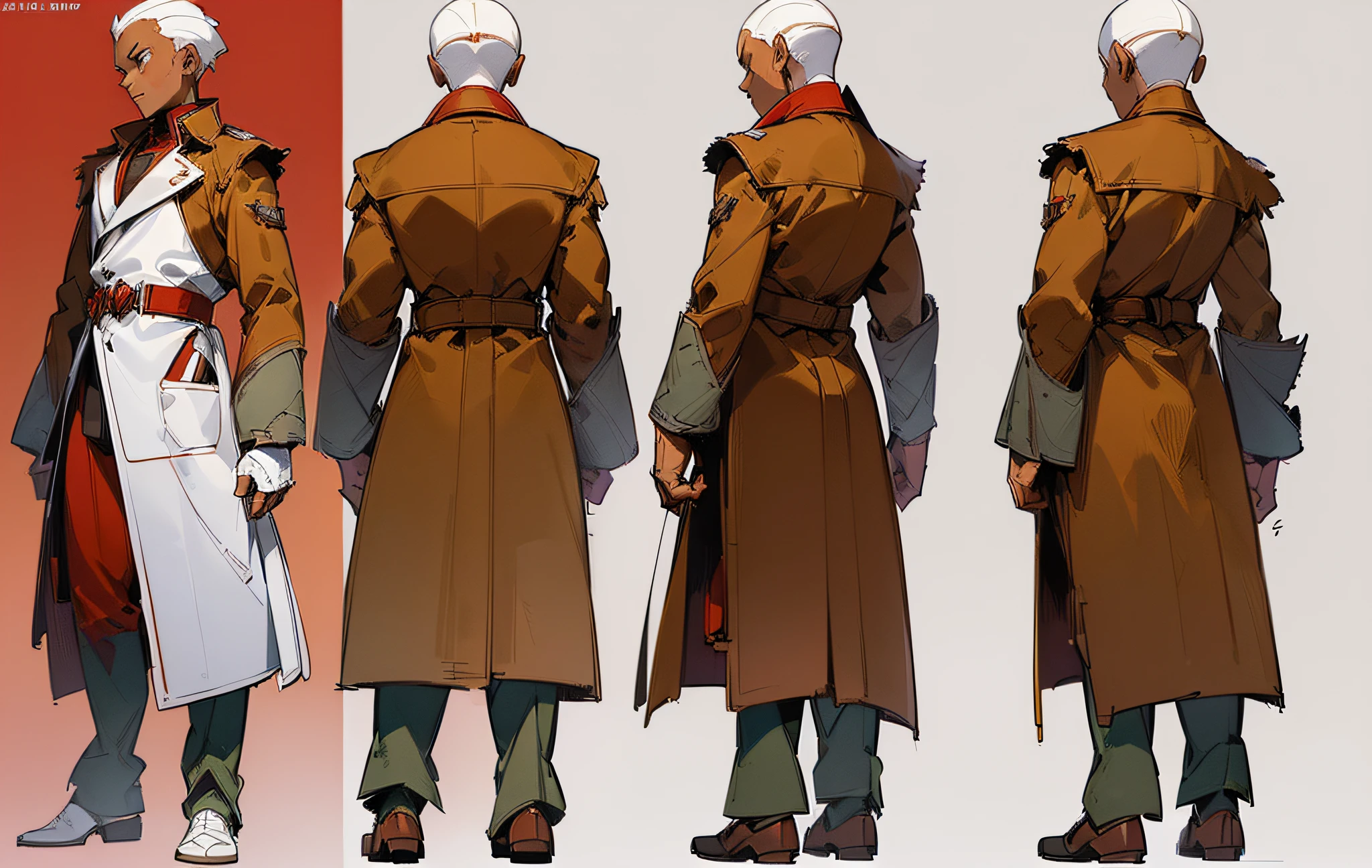 (masterpiece)),(((best quality)),((((character design sheet, same character, front, side, back))), illustration, 1 African-American man, shaved hair, environment Scene change, pose too, red male overcoat, (single background, white background: 1.3) --s --auto --s2